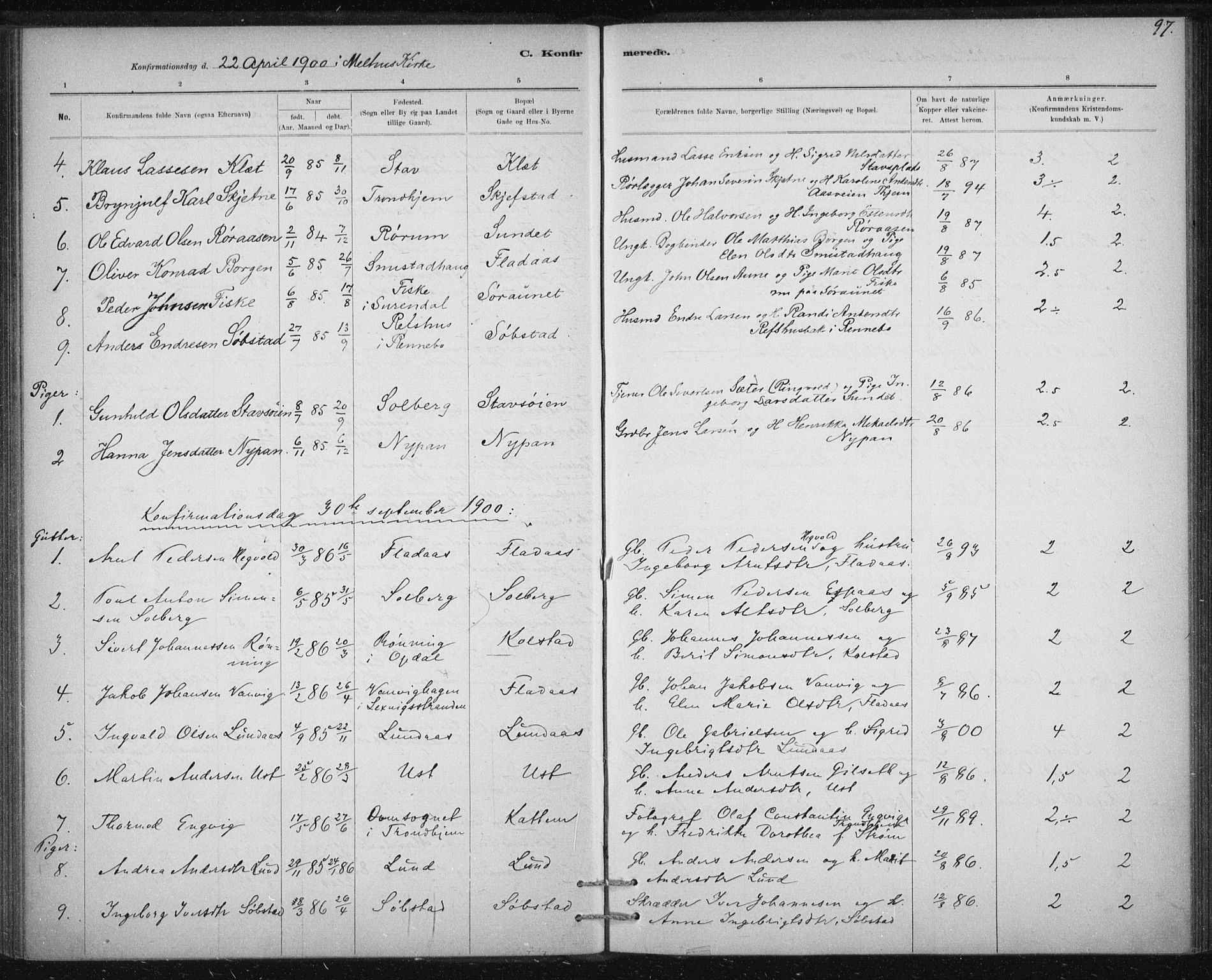Ministerialprotokoller, klokkerbøker og fødselsregistre - Sør-Trøndelag, SAT/A-1456/613/L0392: Parish register (official) no. 613A01, 1887-1906, p. 97