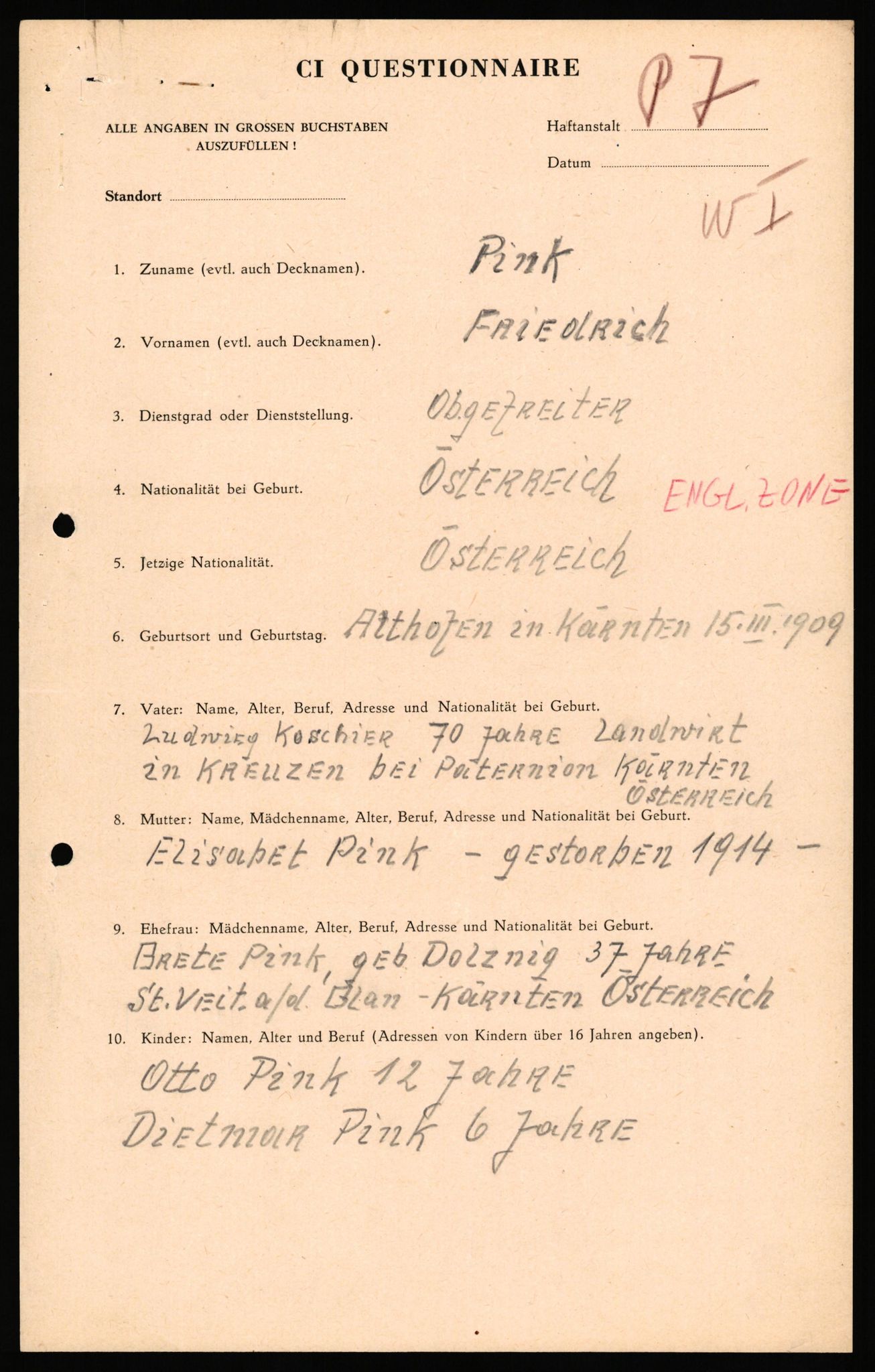 Forsvaret, Forsvarets overkommando II, AV/RA-RAFA-3915/D/Db/L0040: CI Questionaires. Tyske okkupasjonsstyrker i Norge. Østerrikere., 1945-1946, p. 45