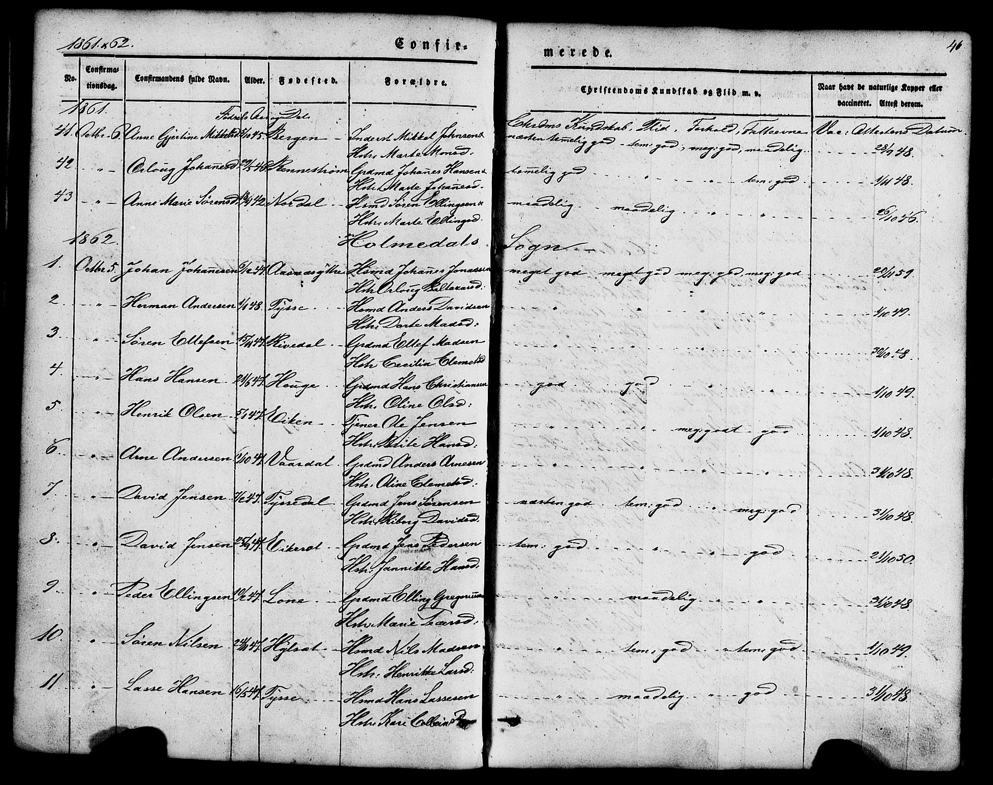Fjaler sokneprestembete, SAB/A-79801/H/Haa/Haaa/L0008: Parish register (official) no. A 8, 1850-1886, p. 46