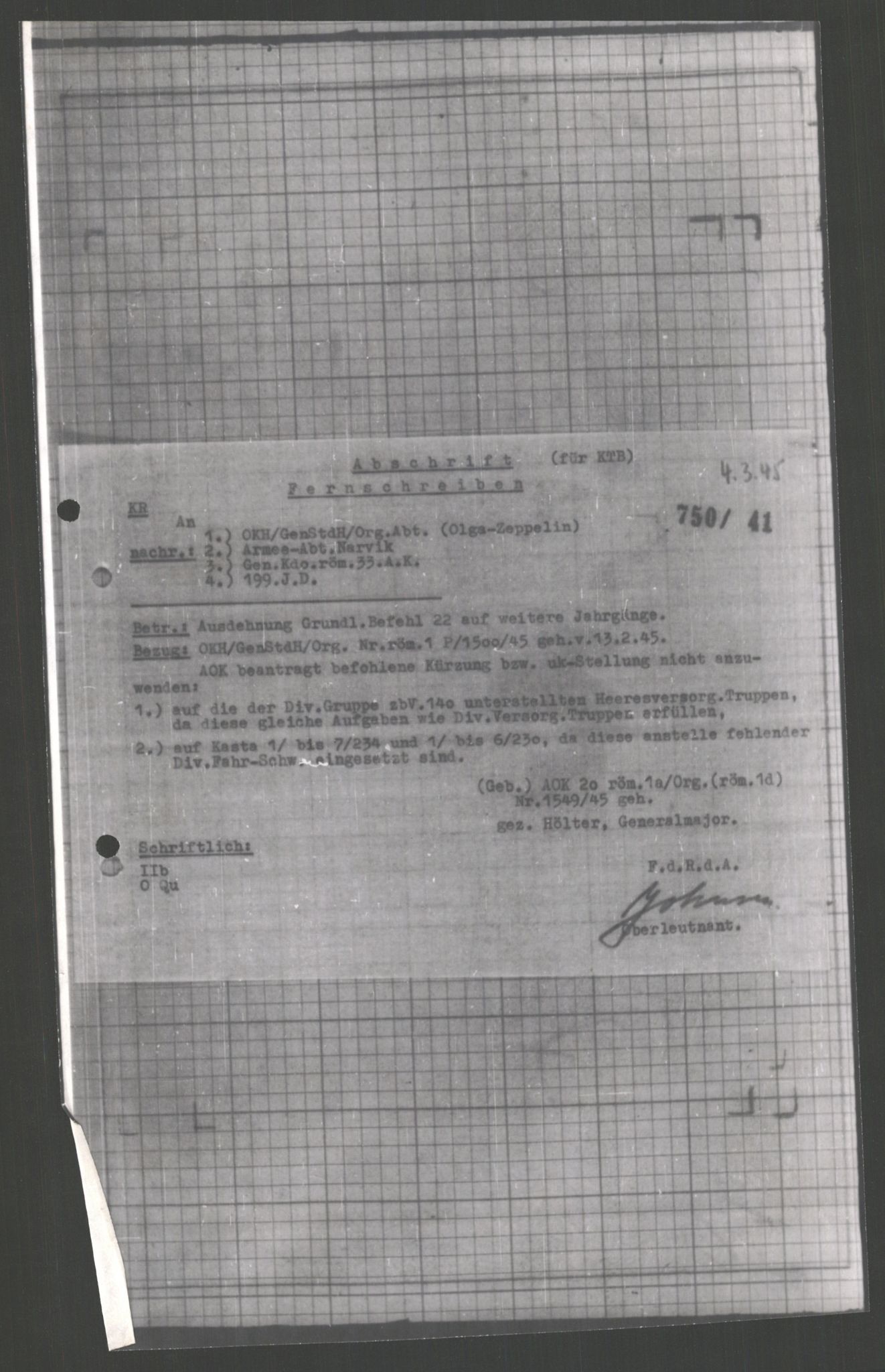 Forsvarets Overkommando. 2 kontor. Arkiv 11.4. Spredte tyske arkivsaker, AV/RA-RAFA-7031/D/Dar/Dara/L0003: Krigsdagbøker for 20. Gebirgs-Armee-Oberkommando (AOK 20), 1945, p. 435