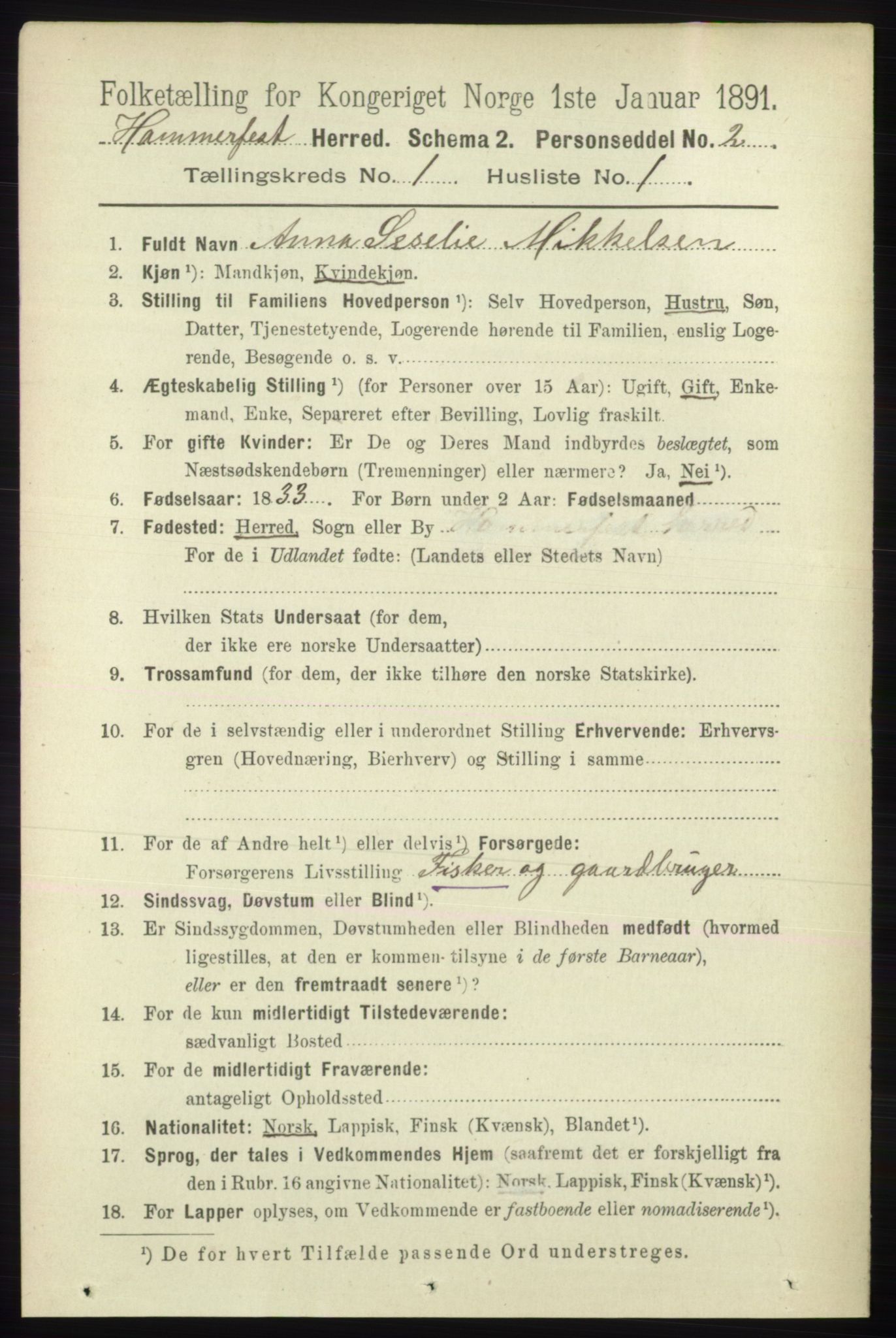 RA, 1891 census for 2016 Hammerfest, 1891, p. 83