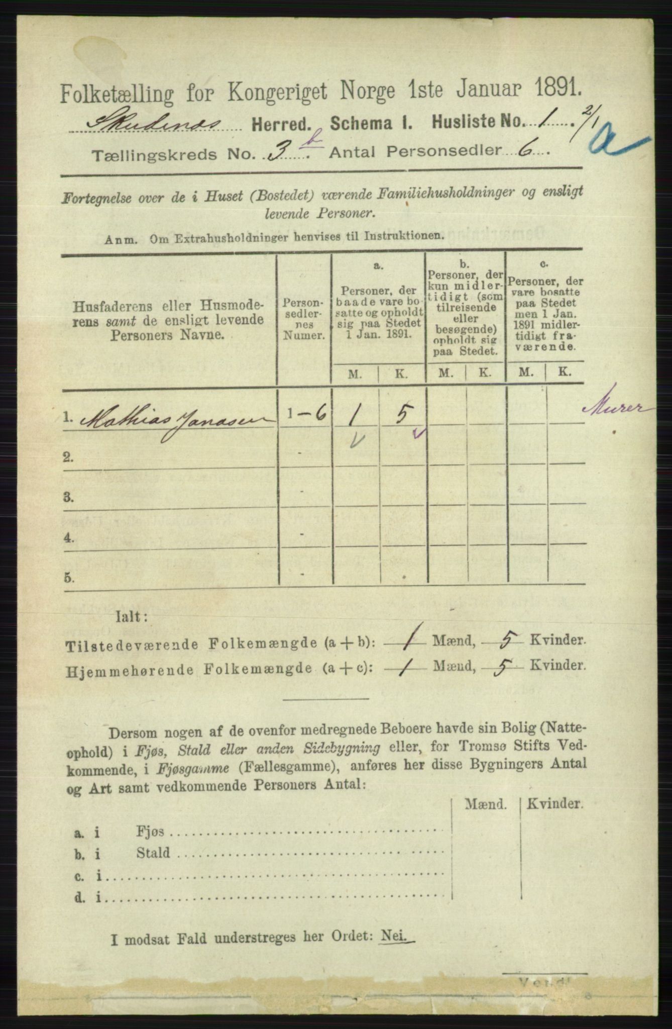 RA, 1891 census for 1150 Skudenes, 1891, p. 1612
