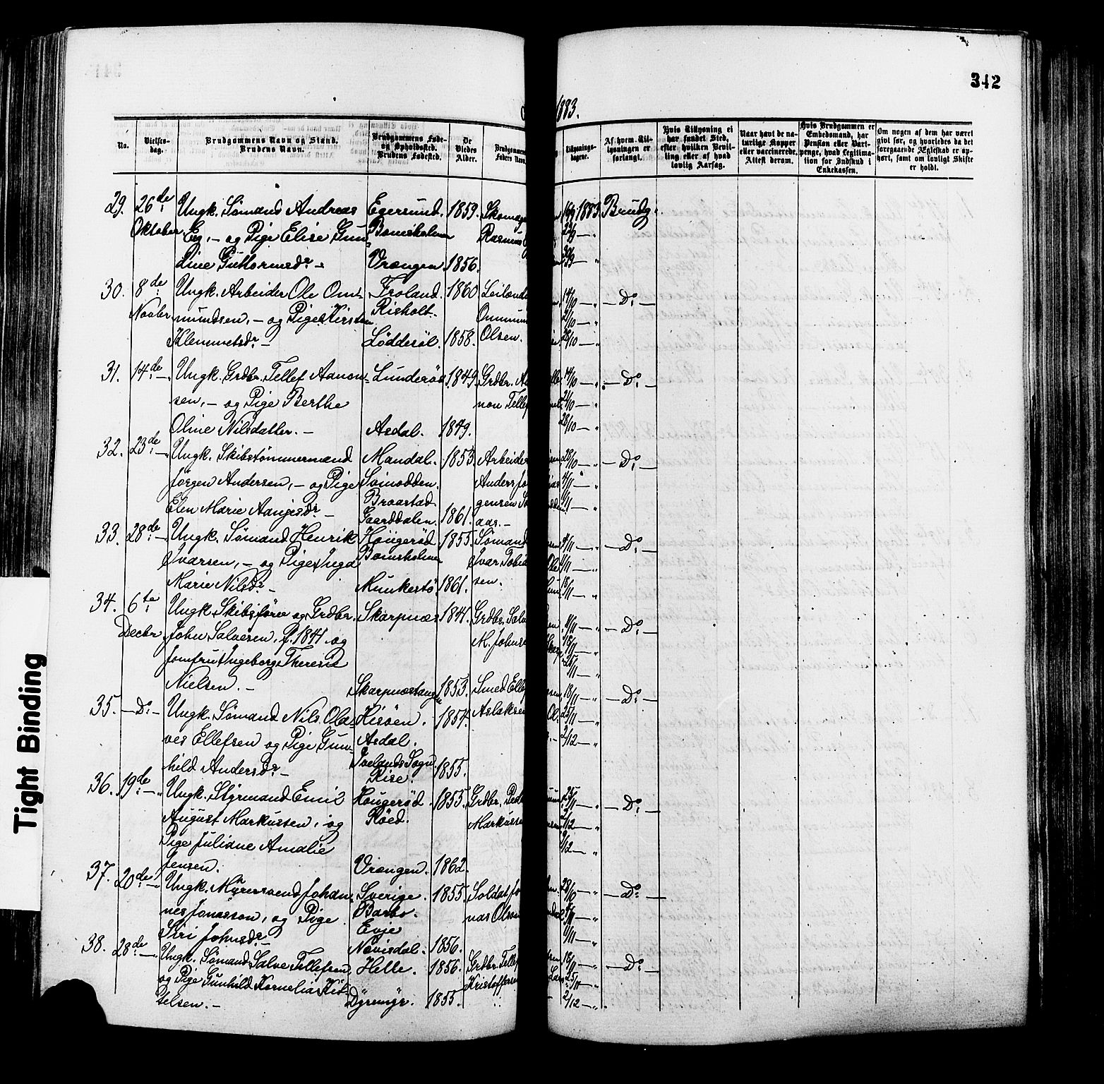 Øyestad sokneprestkontor, SAK/1111-0049/F/Fa/L0016: Parish register (official) no. A 16, 1874-1886, p. 342