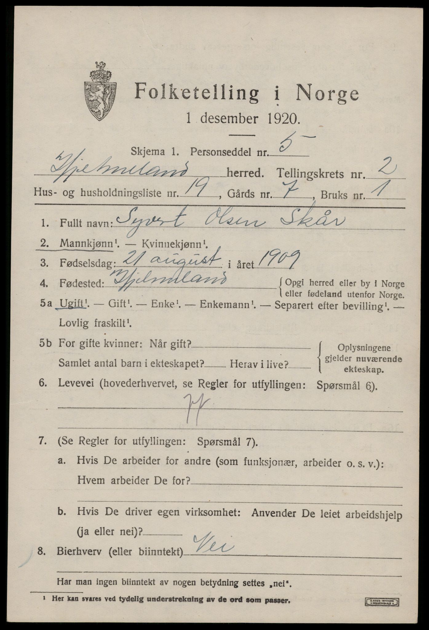 SAST, 1920 census for Hjelmeland, 1920, p. 1259