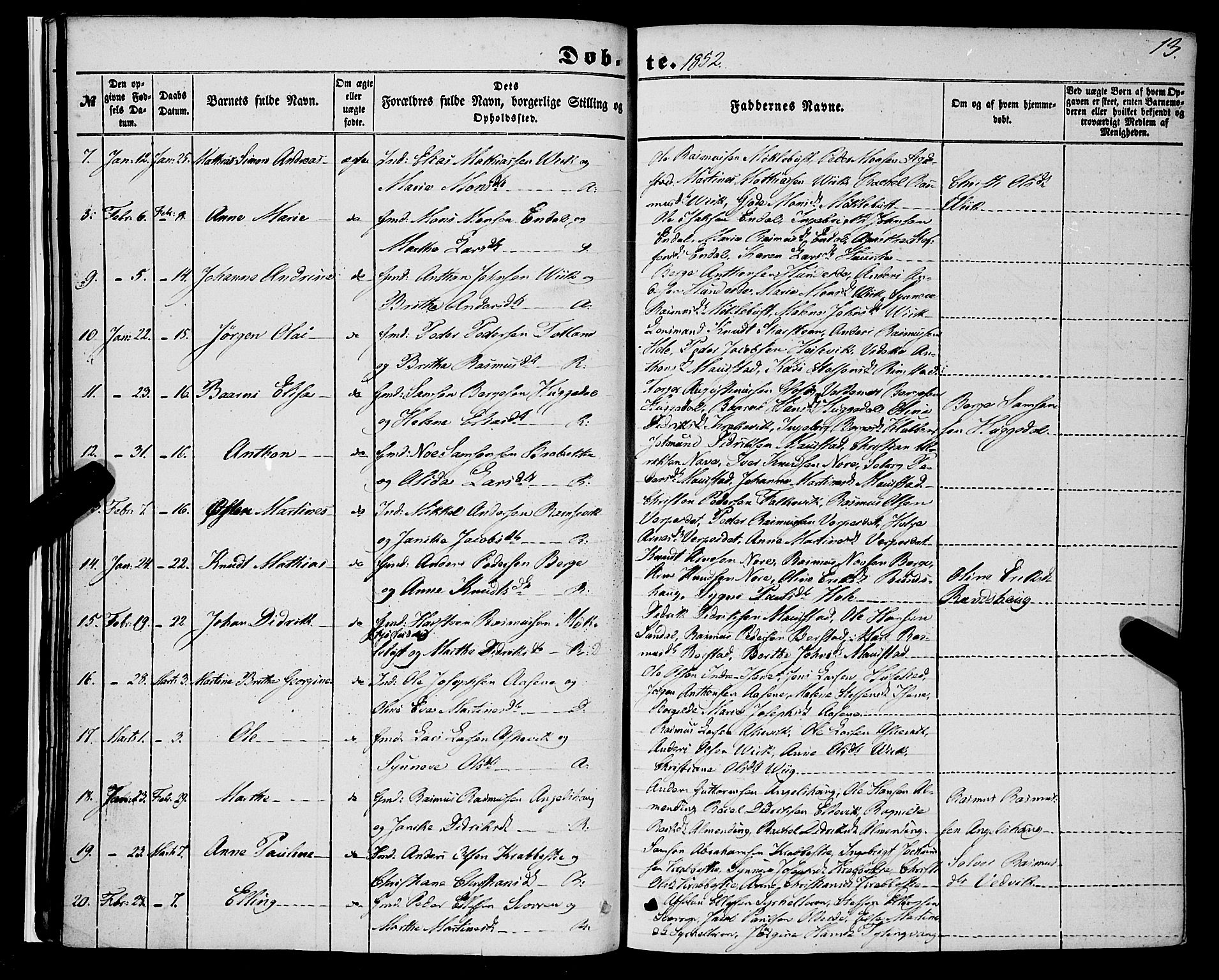 Davik sokneprestembete, AV/SAB-A-79701/H/Haa/Haaa/L0005: Parish register (official) no. A 5, 1850-1866, p. 13