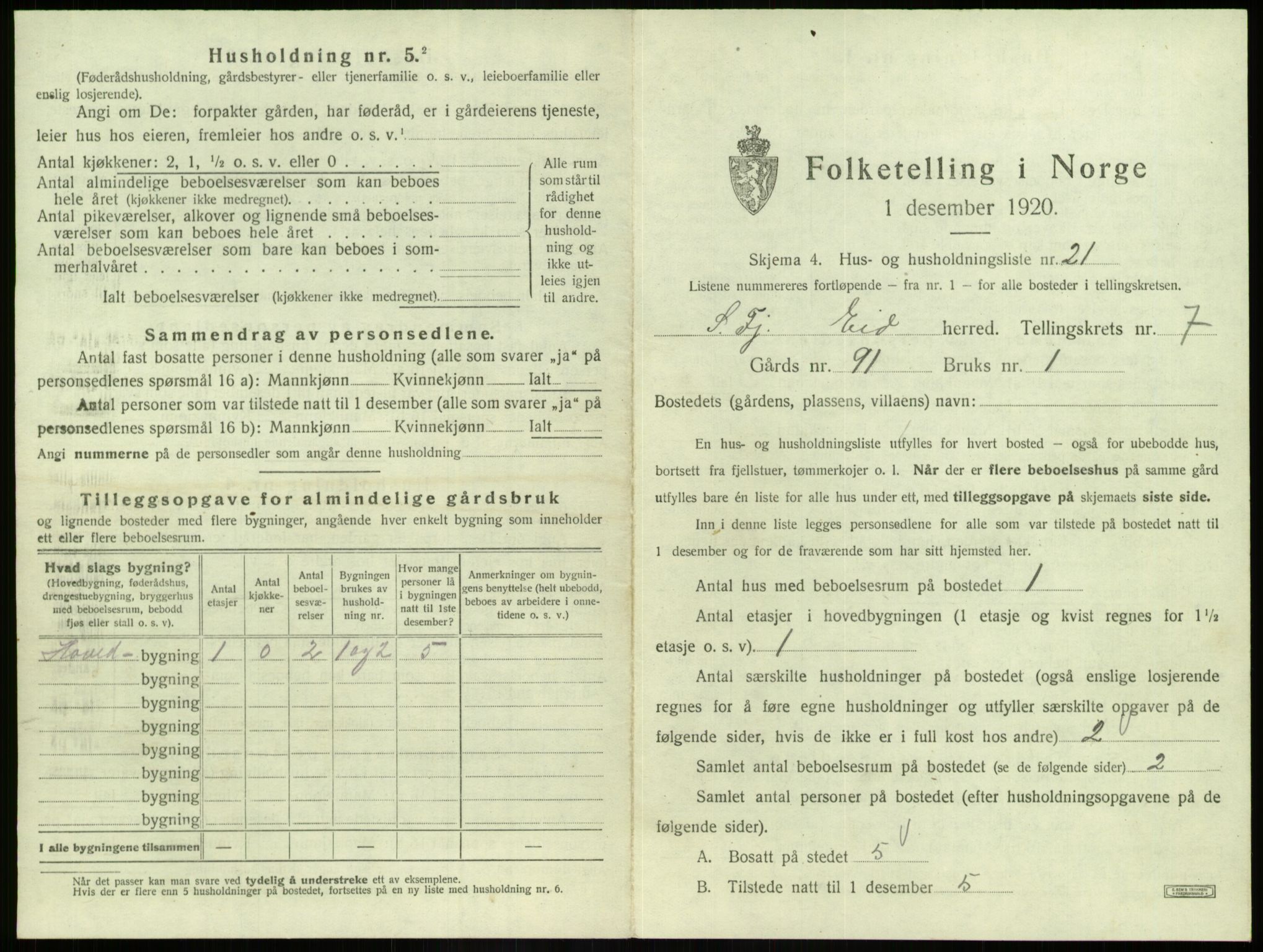 SAB, 1920 census for Eid, 1920, p. 463