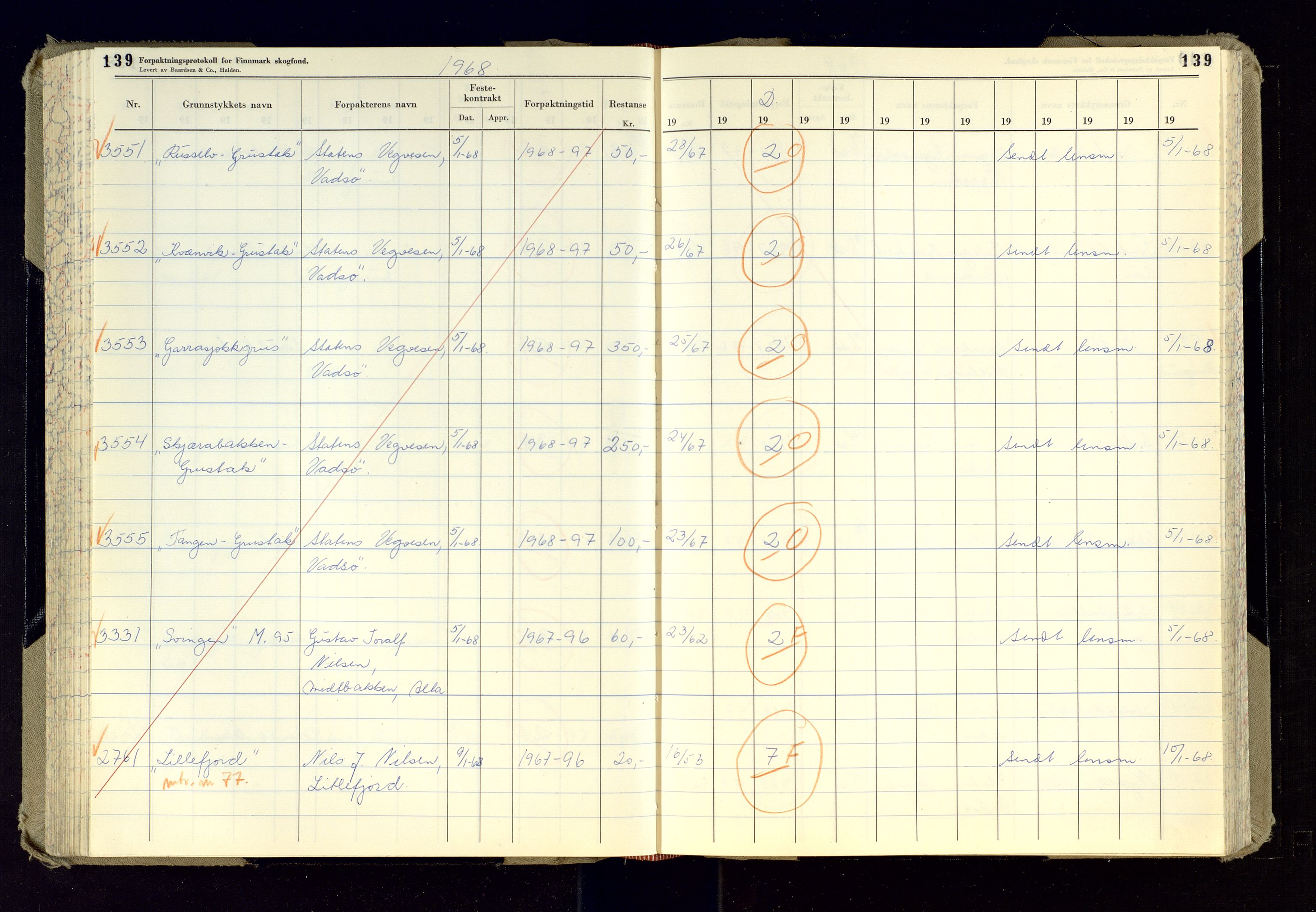 Finnmark jordsalgskommisjon/jordsalgskontor og Statskog SF Finnmark jordsalgskontor, AV/SATØ-S-1443/J/Ja/L0013: Forpaktningsprotokoll for Finnmark skogfond, 1966-1969, p. 139