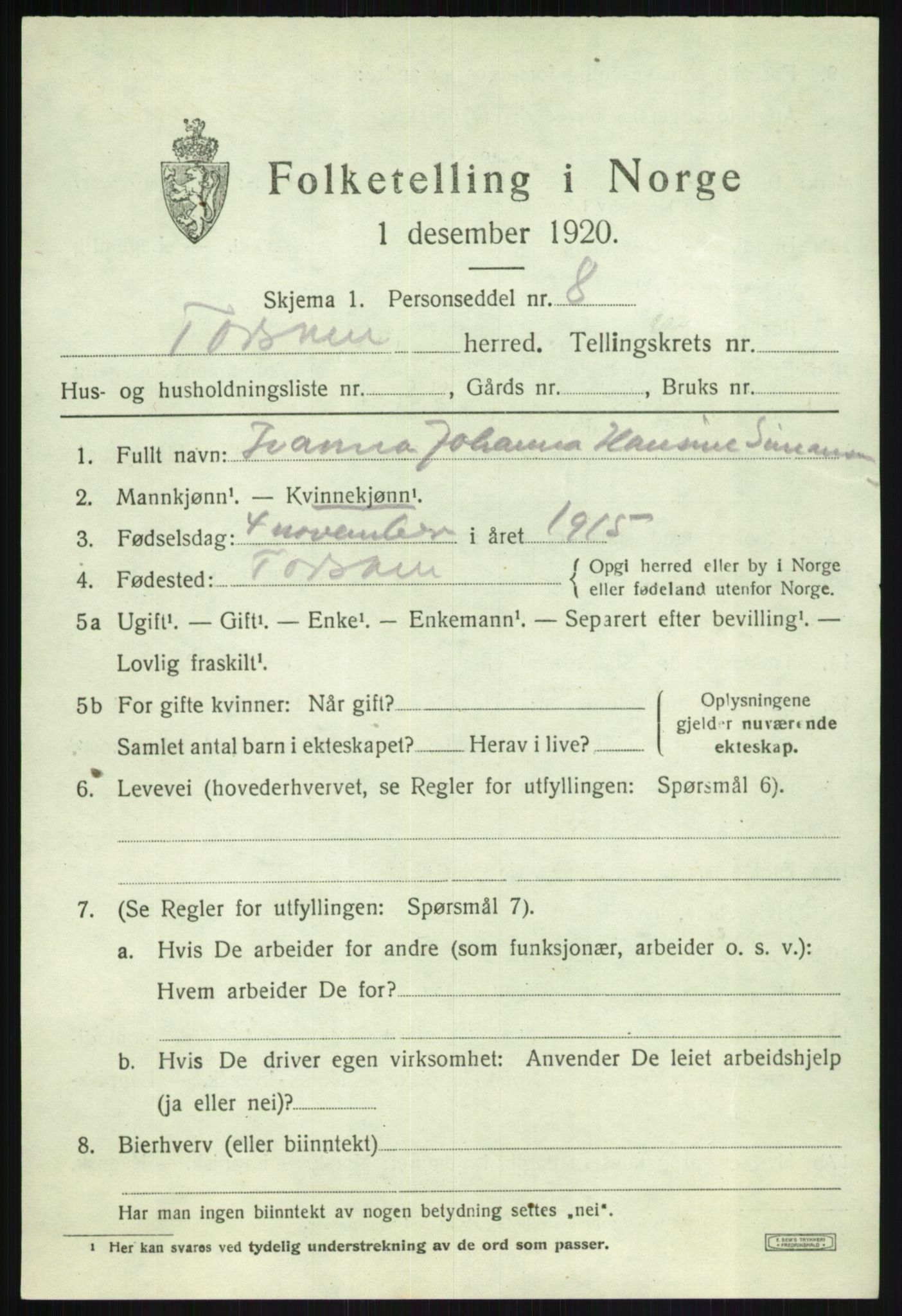 SATØ, 1920 census for Torsken, 1920, p. 1983