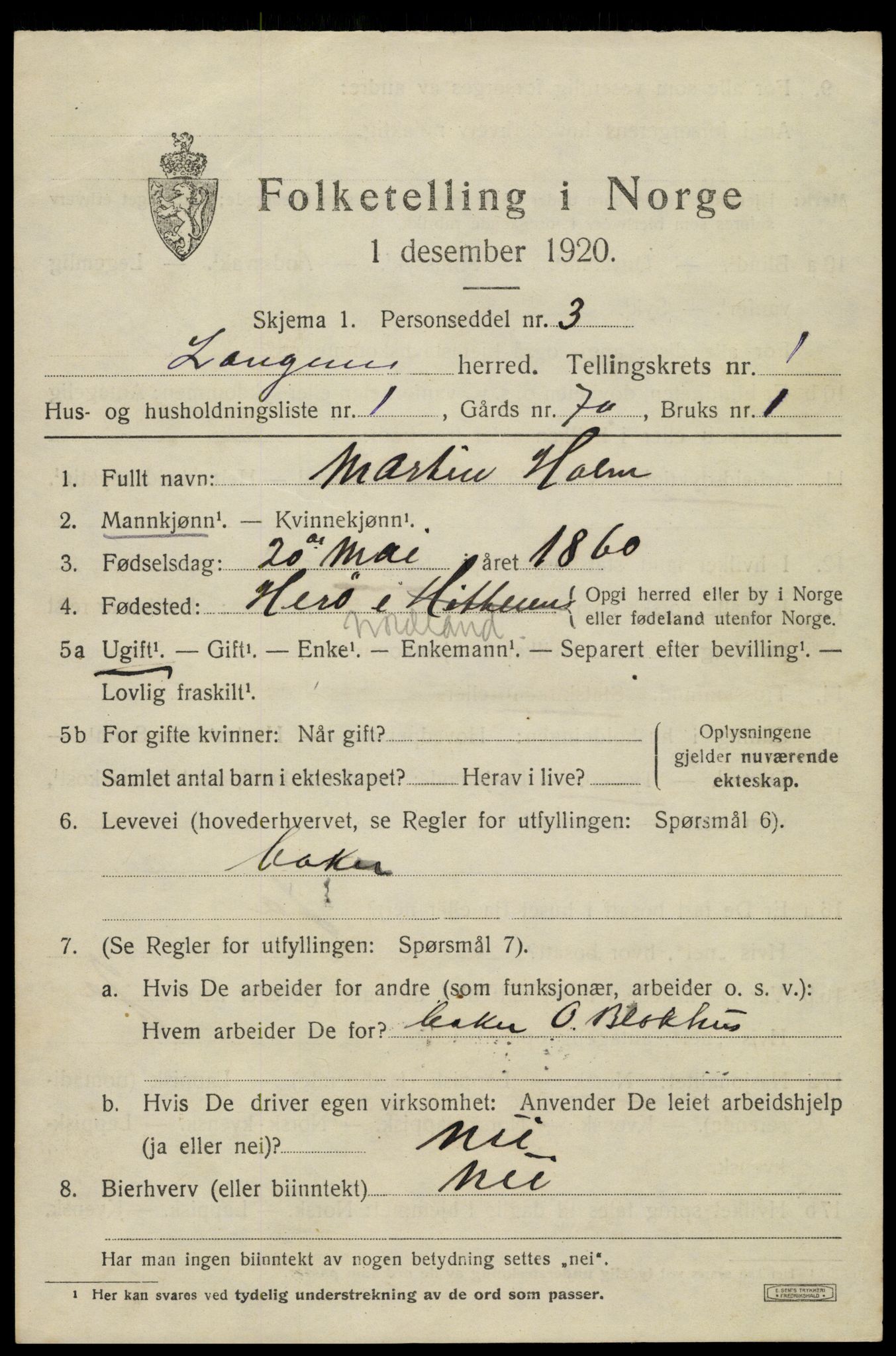 SAT, 1920 census for Langenes, 1920, p. 380