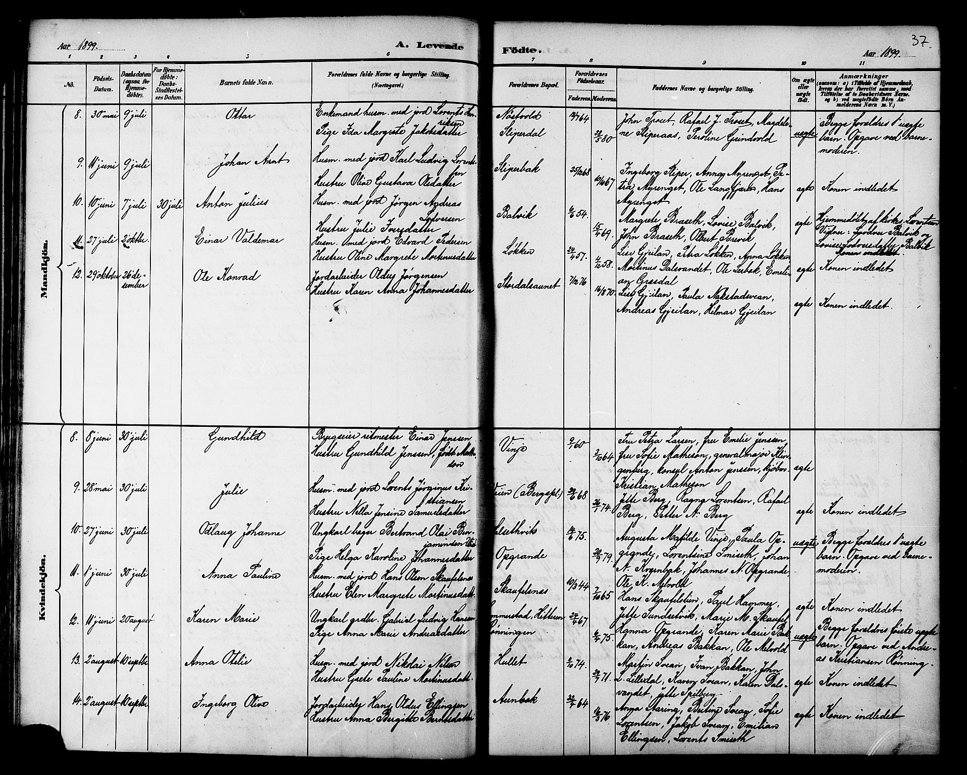 Ministerialprotokoller, klokkerbøker og fødselsregistre - Nord-Trøndelag, AV/SAT-A-1458/733/L0327: Parish register (copy) no. 733C02, 1888-1918, p. 37