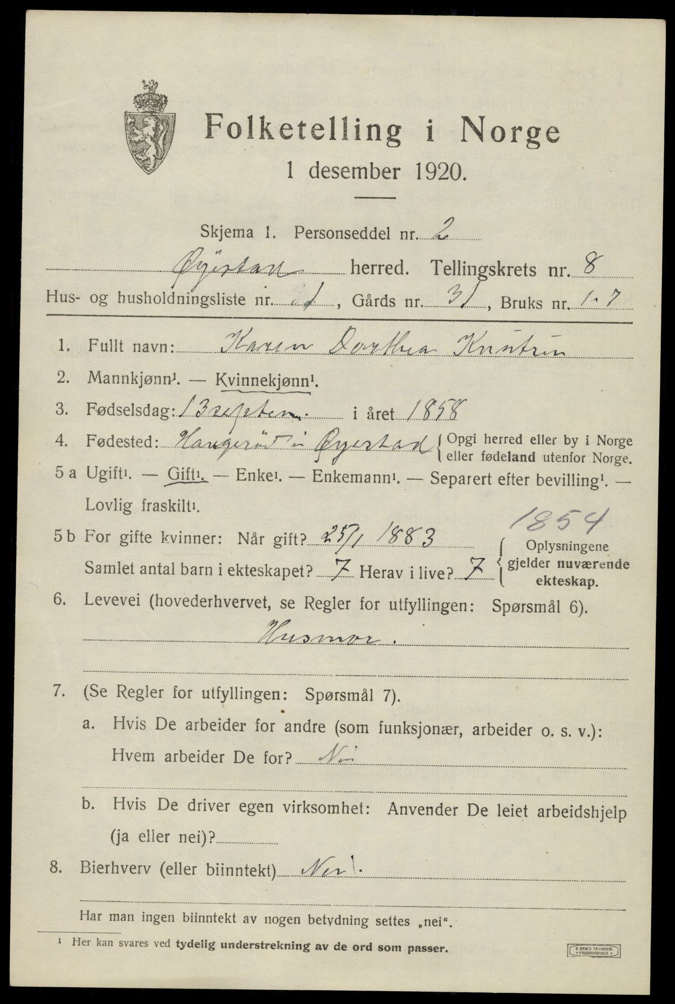 SAK, 1920 census for Øyestad, 1920, p. 5266