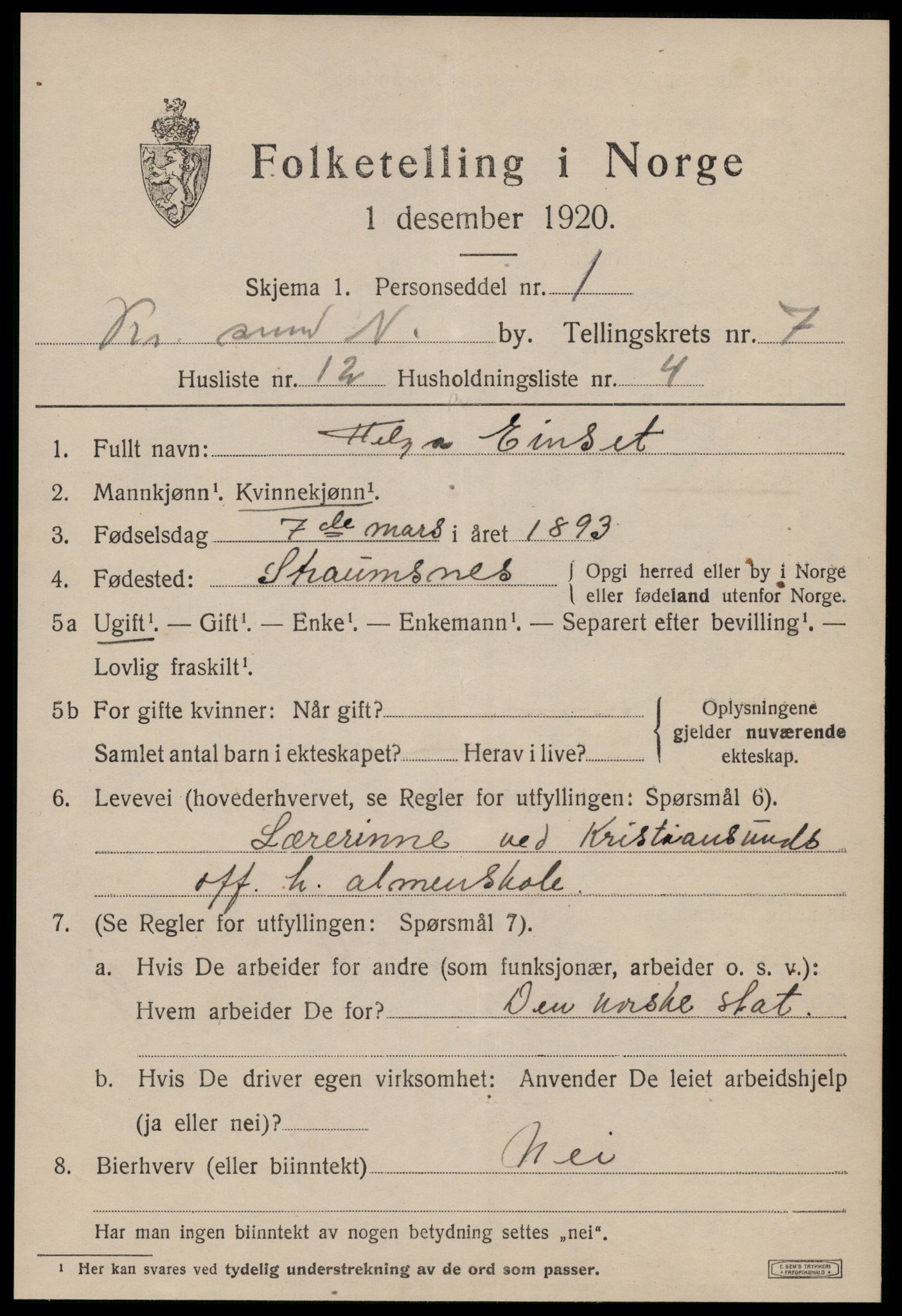 SAT, 1920 census for Kristiansund, 1920, p. 18317