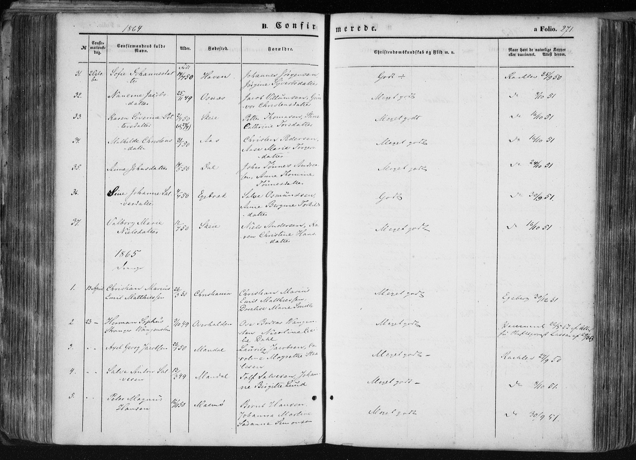 Mandal sokneprestkontor, SAK/1111-0030/F/Fa/Faa/L0014: Parish register (official) no. A 14, 1859-1872, p. 271