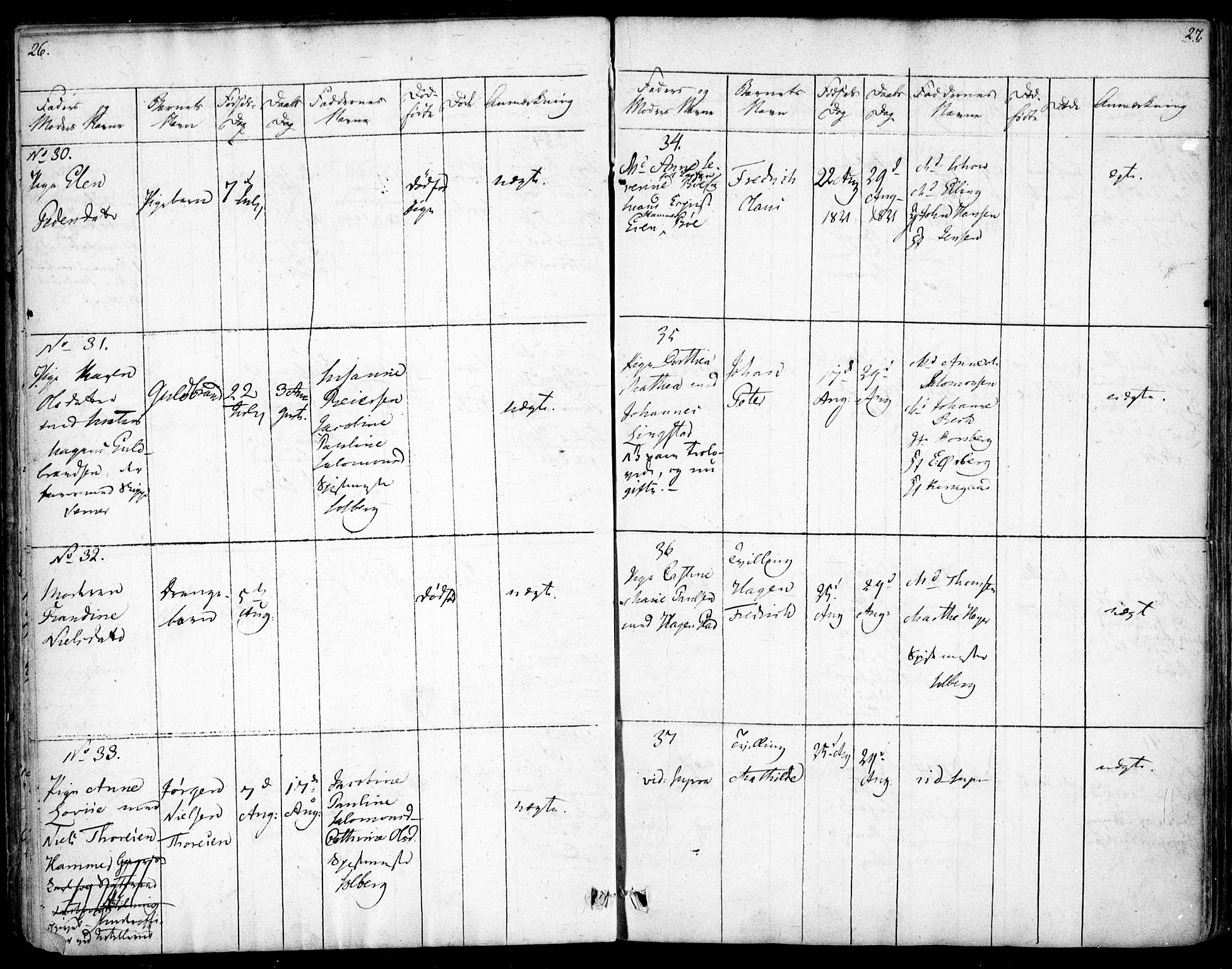 Rikshospitalet prestekontor Kirkebøker, AV/SAO-A-10309b/F/L0001: Parish register (official) no. 1, 1818-1832, p. 26-27