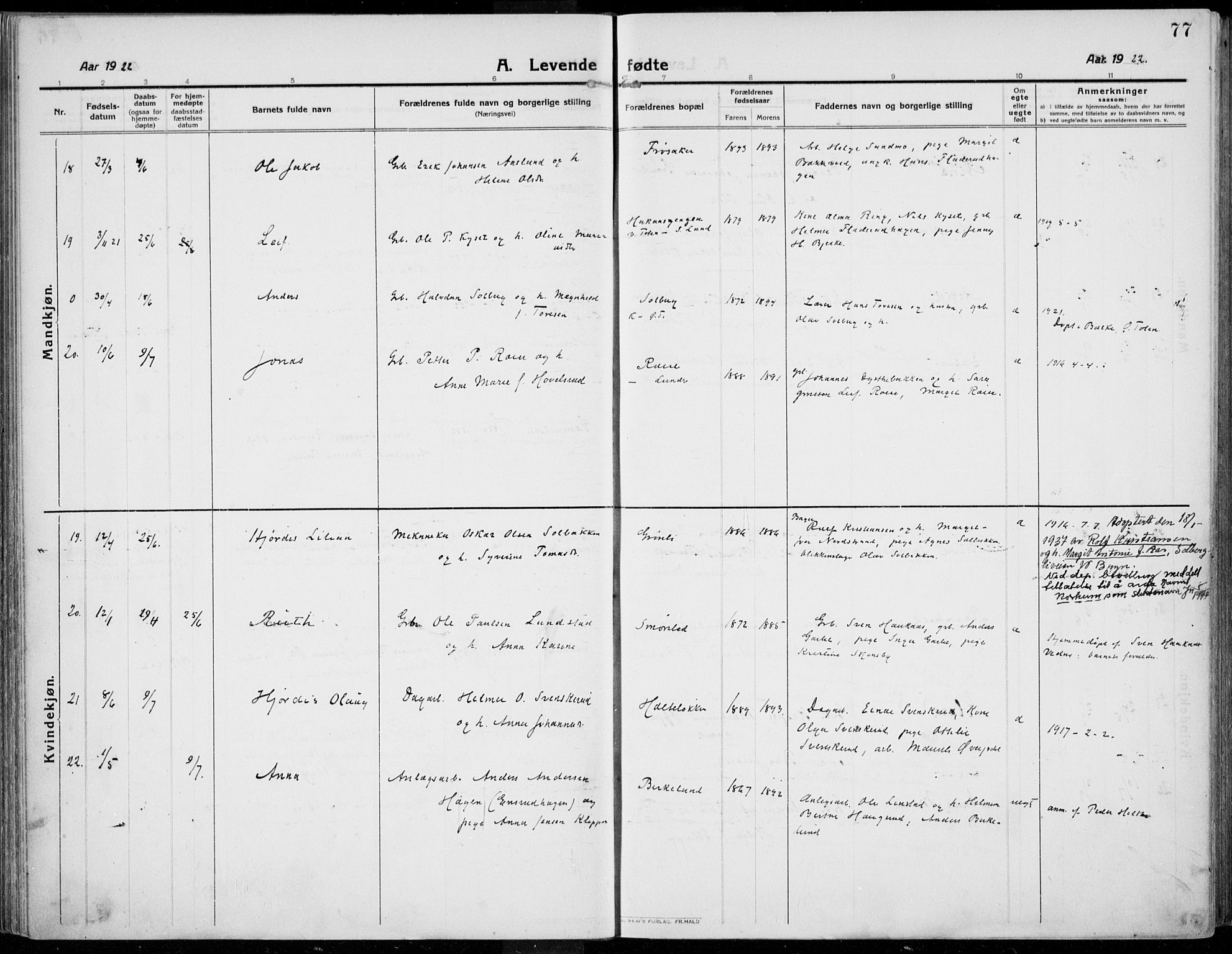 Kolbu prestekontor, AV/SAH-PREST-110/H/Ha/Haa/L0002: Parish register (official) no. 2, 1912-1926, p. 77