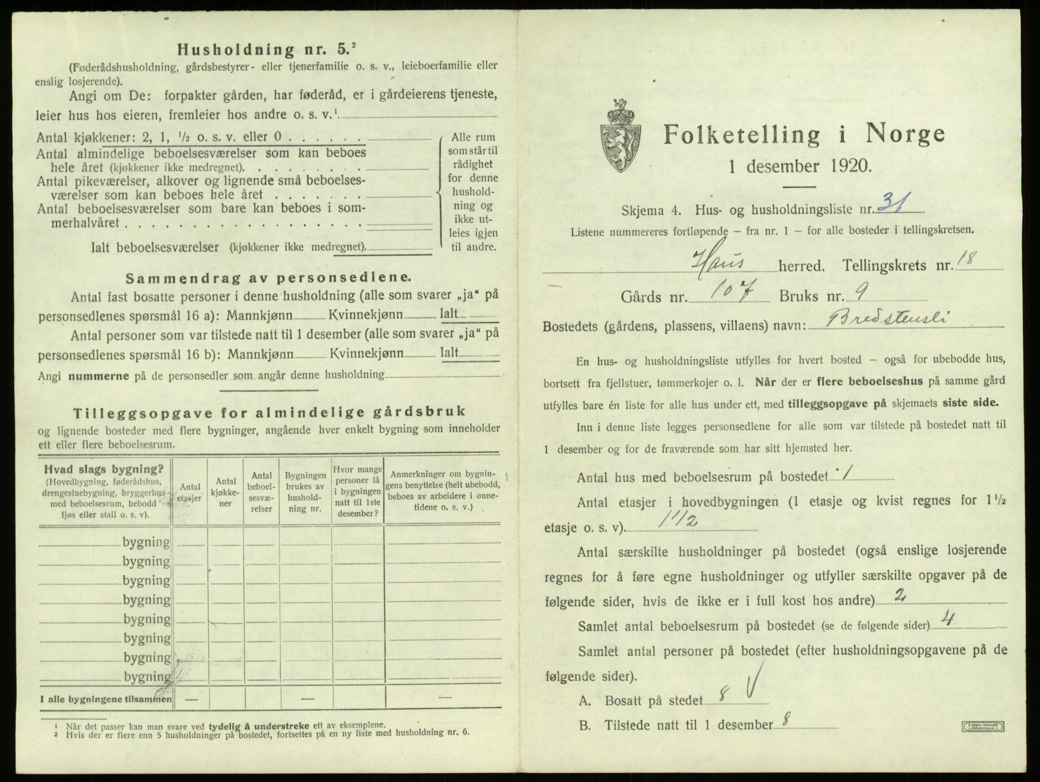 SAB, 1920 census for Haus, 1920, p. 1606