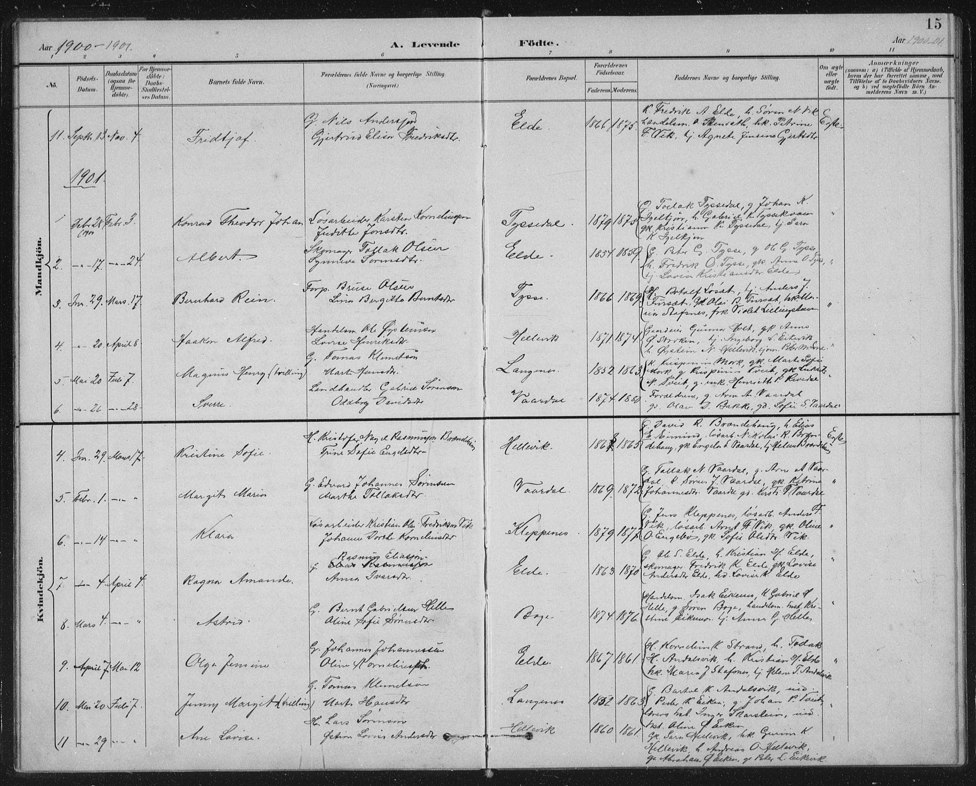 Fjaler sokneprestembete, AV/SAB-A-79801/H/Hab/Habb/L0002: Parish register (copy) no. B 2, 1895-1915, p. 15