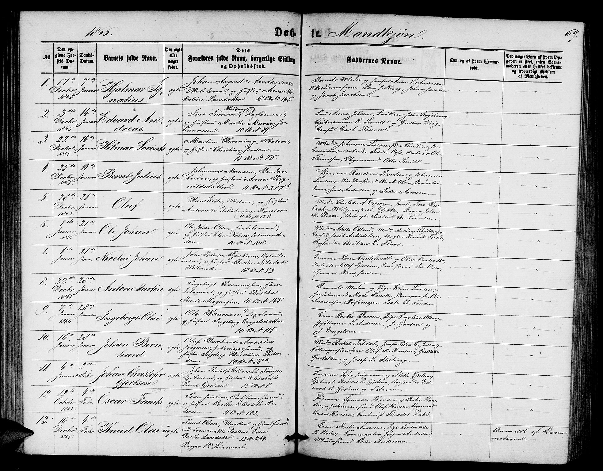 Domkirken sokneprestembete, SAB/A-74801/H/Hab/L0012: Parish register (copy) no. B 5, 1862-1869, p. 69