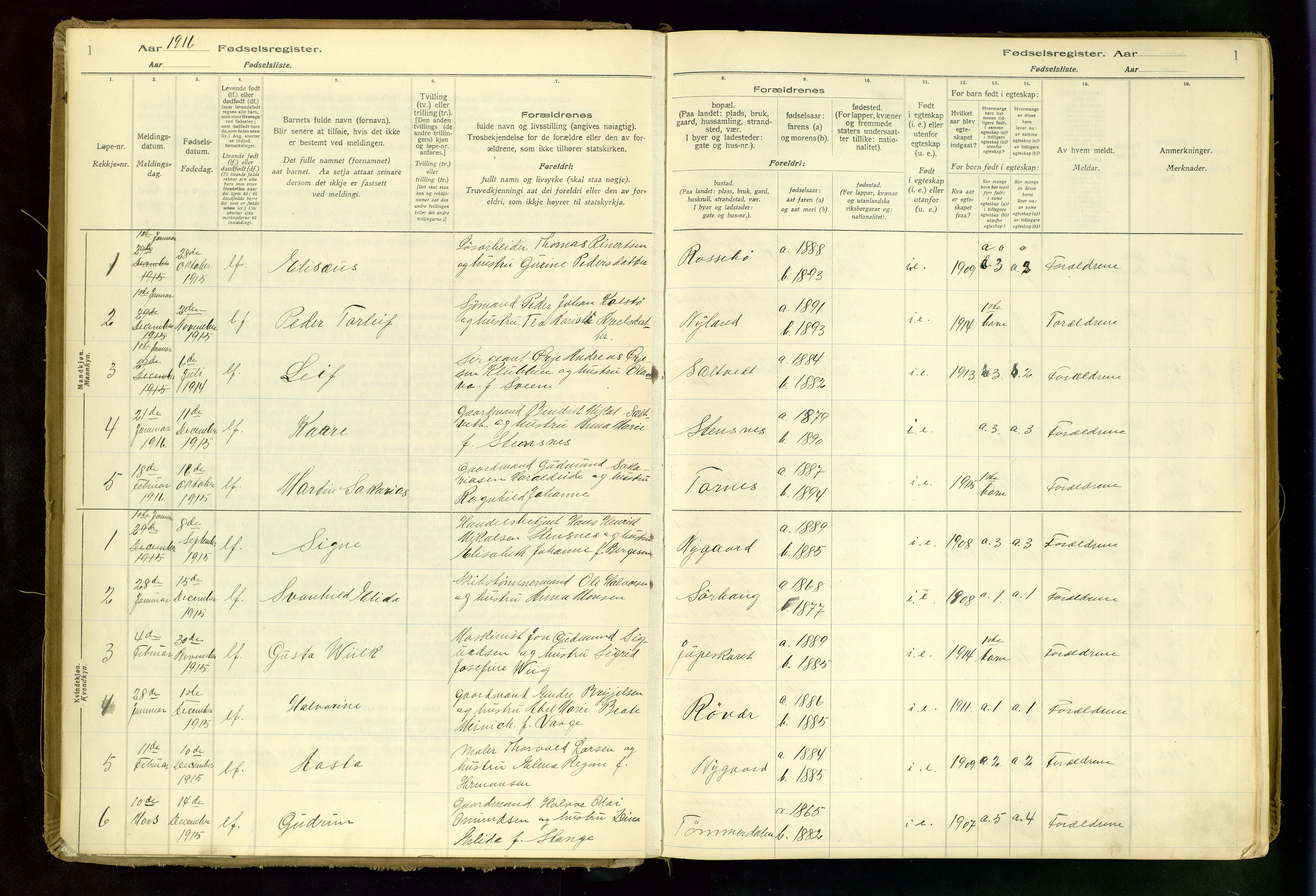 Haugesund sokneprestkontor, AV/SAST-A -101863/I/Id/L0001: Birth register no. 1, 1916-1935, p. 1