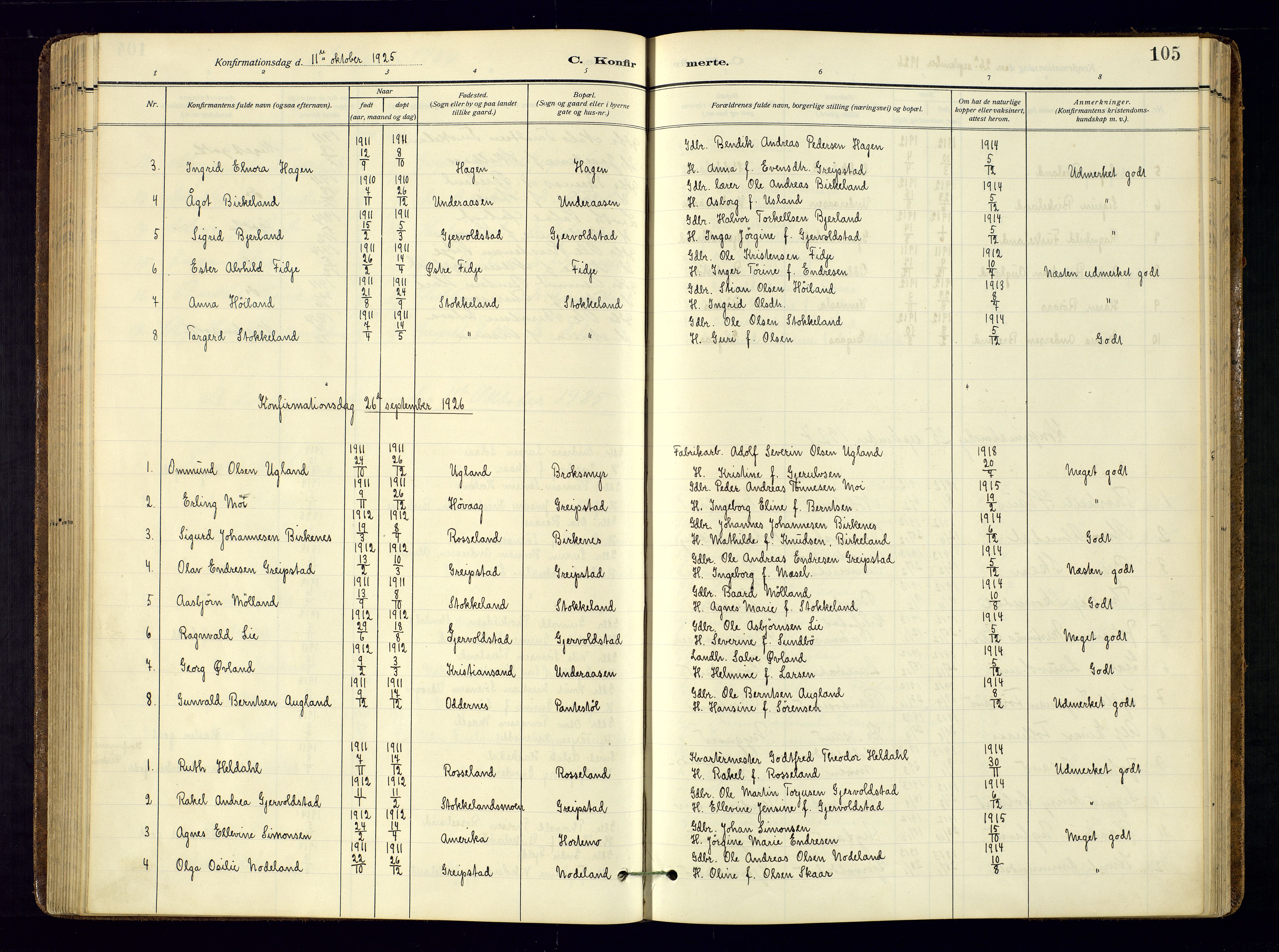 Søgne sokneprestkontor, AV/SAK-1111-0037/F/Fa/Faa/L0004: Parish register (official) no. A-4, 1911-1945, p. 105