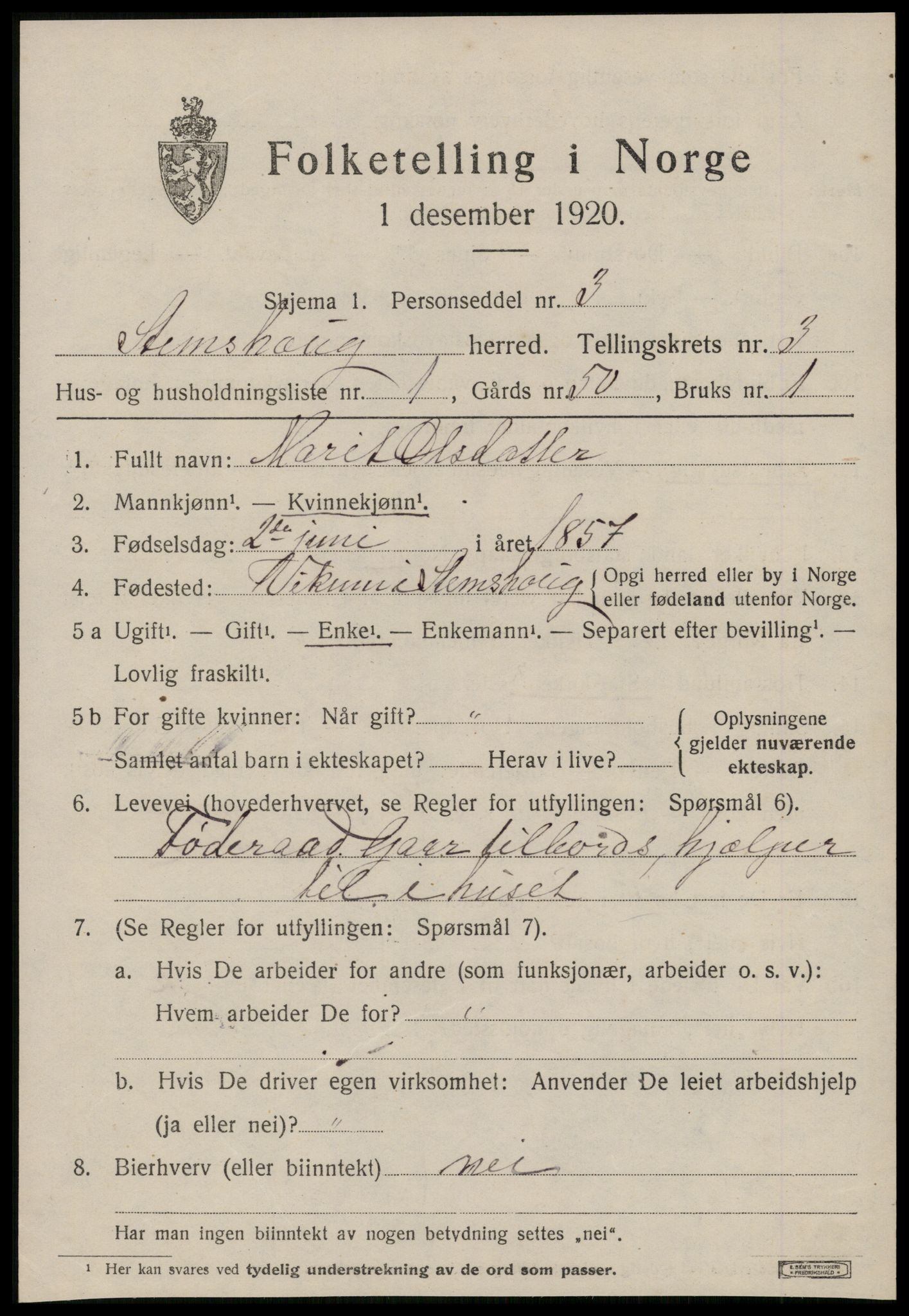 SAT, 1920 census for Stemshaug, 1920, p. 1052