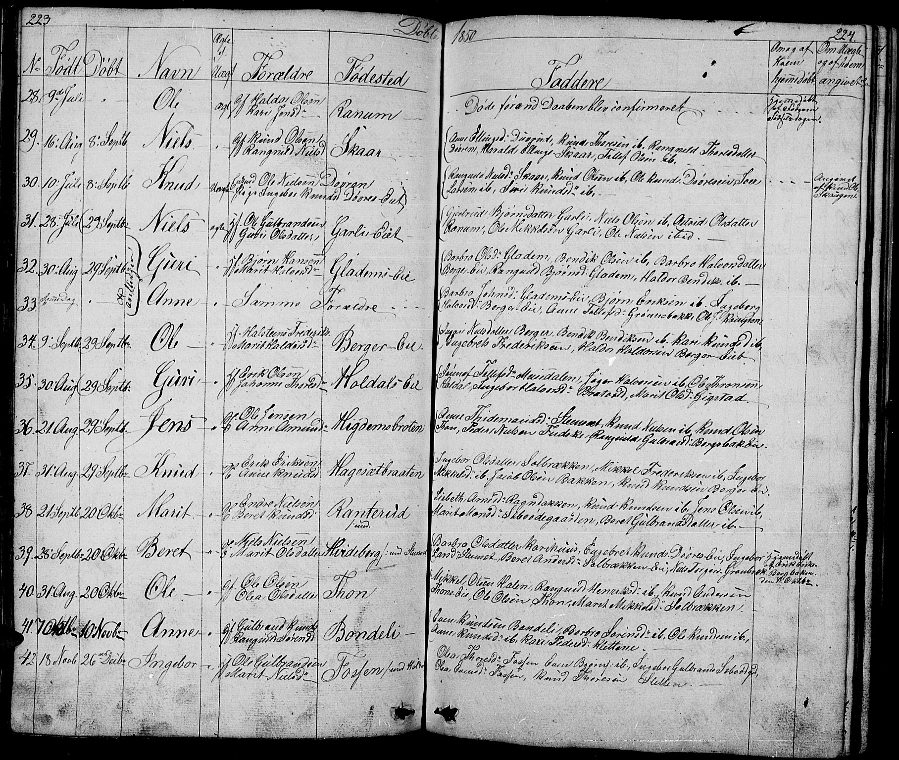 Nord-Aurdal prestekontor, SAH/PREST-132/H/Ha/Hab/L0001: Parish register (copy) no. 1, 1834-1887, p. 223-224