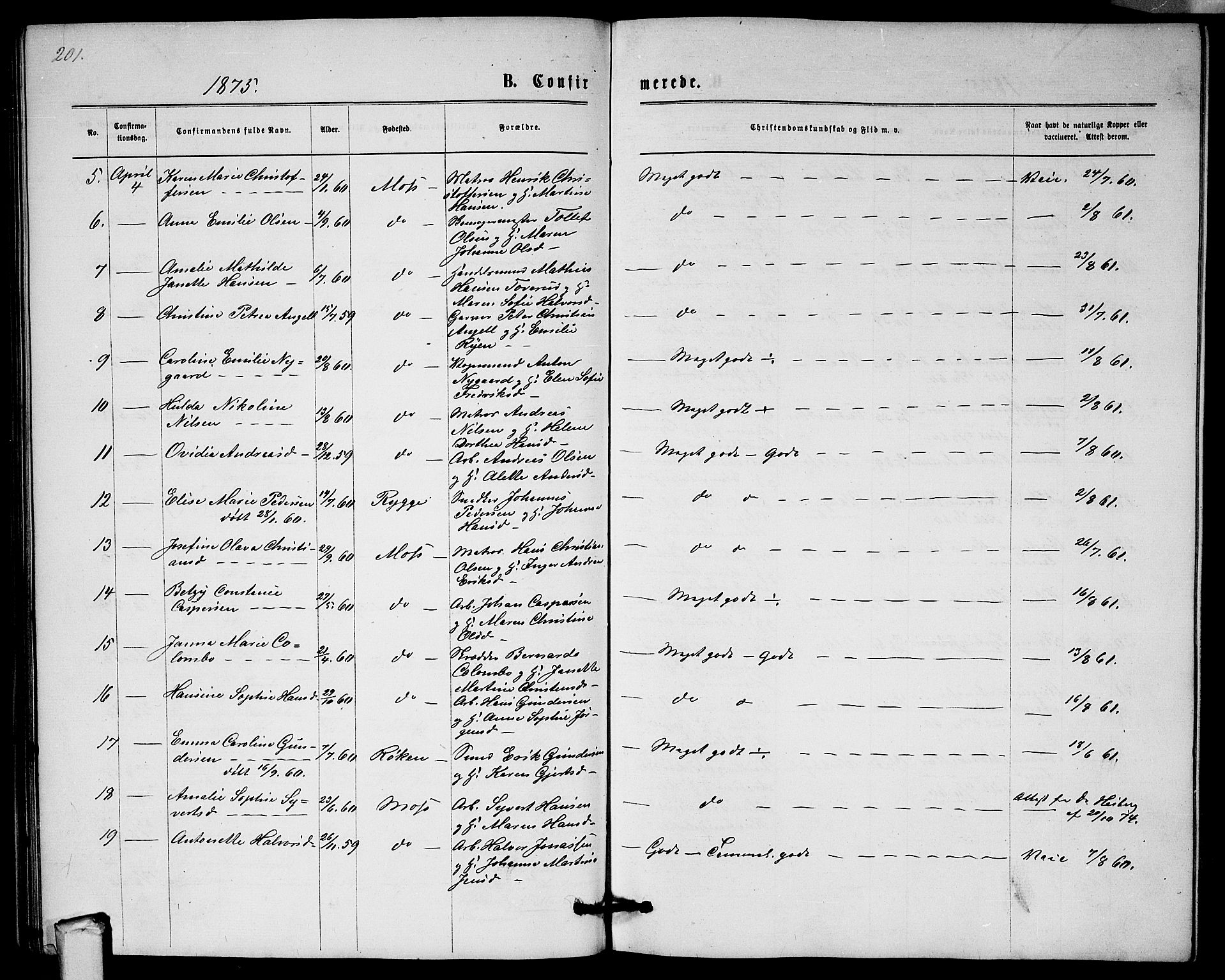 Moss prestekontor Kirkebøker, AV/SAO-A-2003/G/Ga/L0004: Parish register (copy) no.  I 4, 1869-1877, p. 201