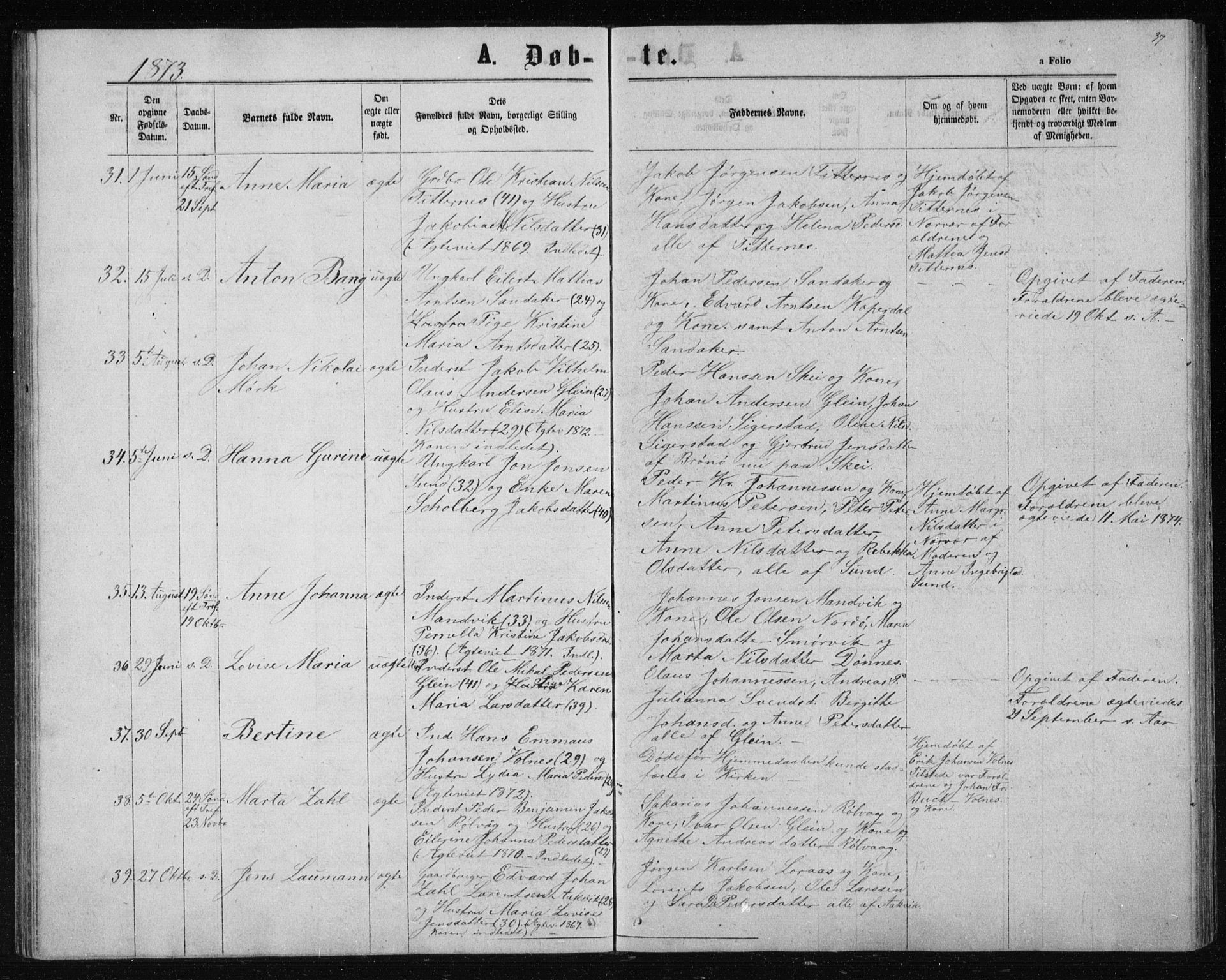 Ministerialprotokoller, klokkerbøker og fødselsregistre - Nordland, AV/SAT-A-1459/835/L0531: Parish register (copy) no. 835C03, 1865-1877, p. 37