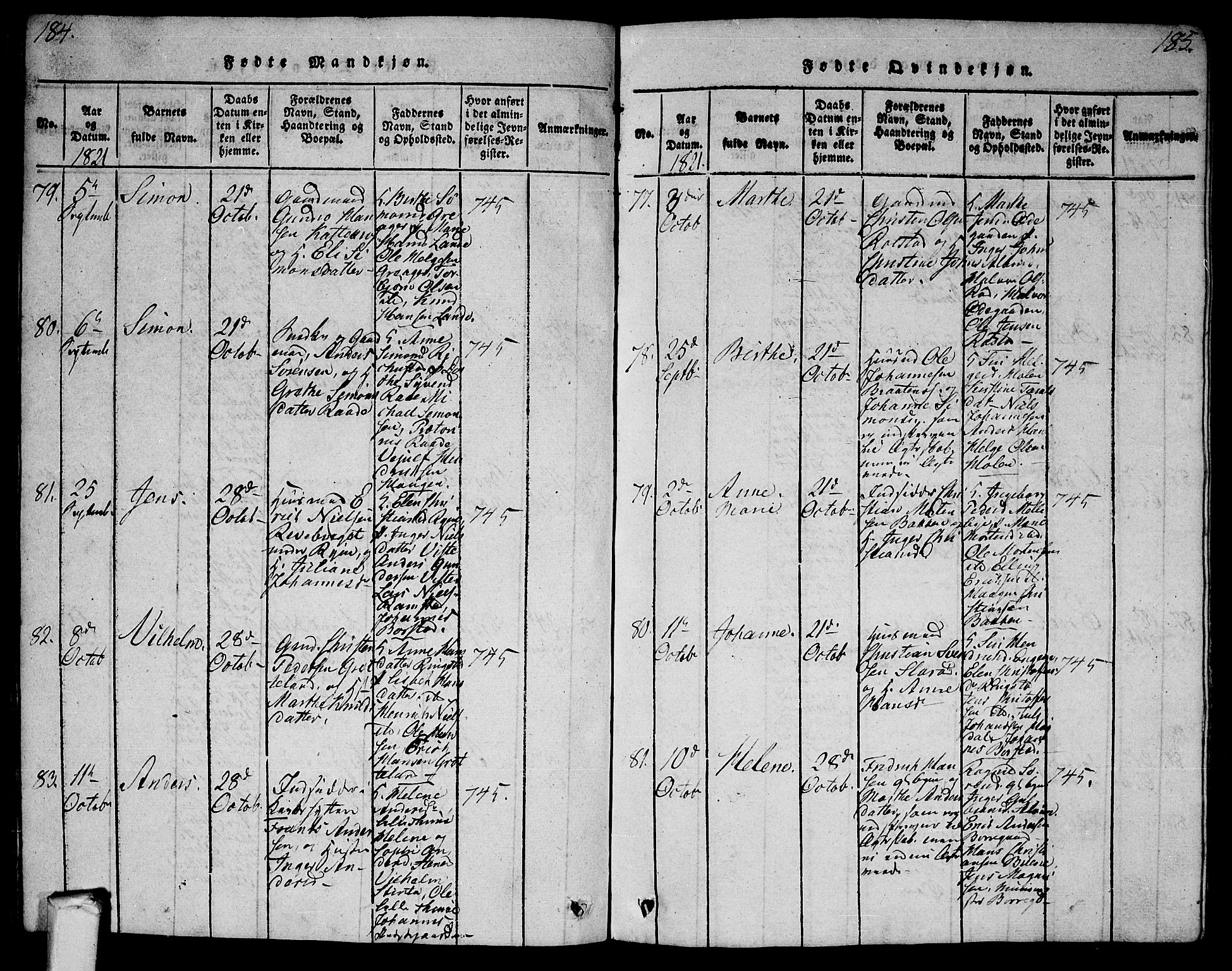 Tune prestekontor Kirkebøker, AV/SAO-A-2007/G/Ga/L0001: Parish register (copy) no. I 1, 1815-1822, p. 184-185