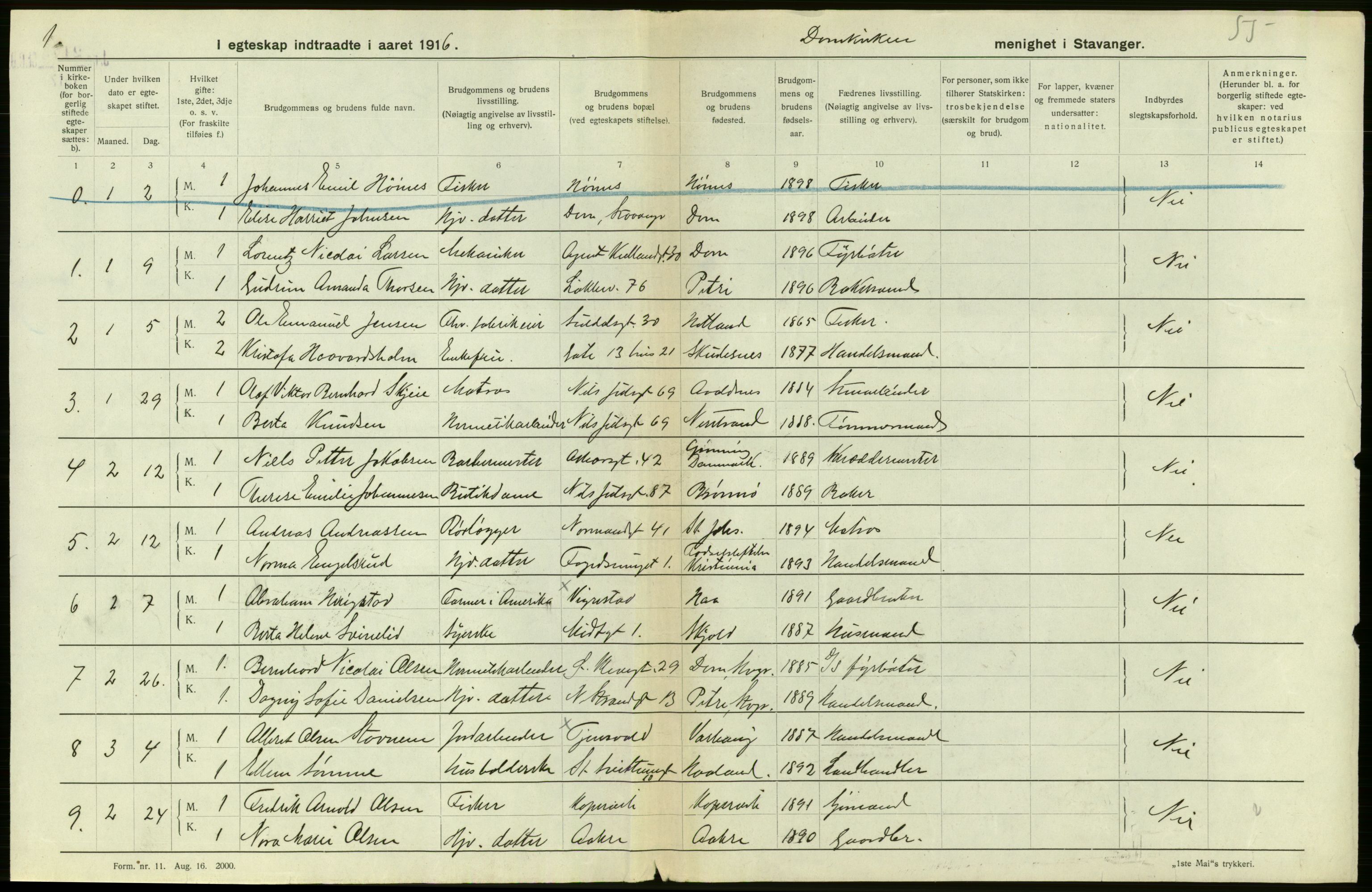 Statistisk sentralbyrå, Sosiodemografiske emner, Befolkning, AV/RA-S-2228/D/Df/Dfb/Dfbf/L0031: Stavanger amt: Gifte. Bygder og byer., 1916, p. 162