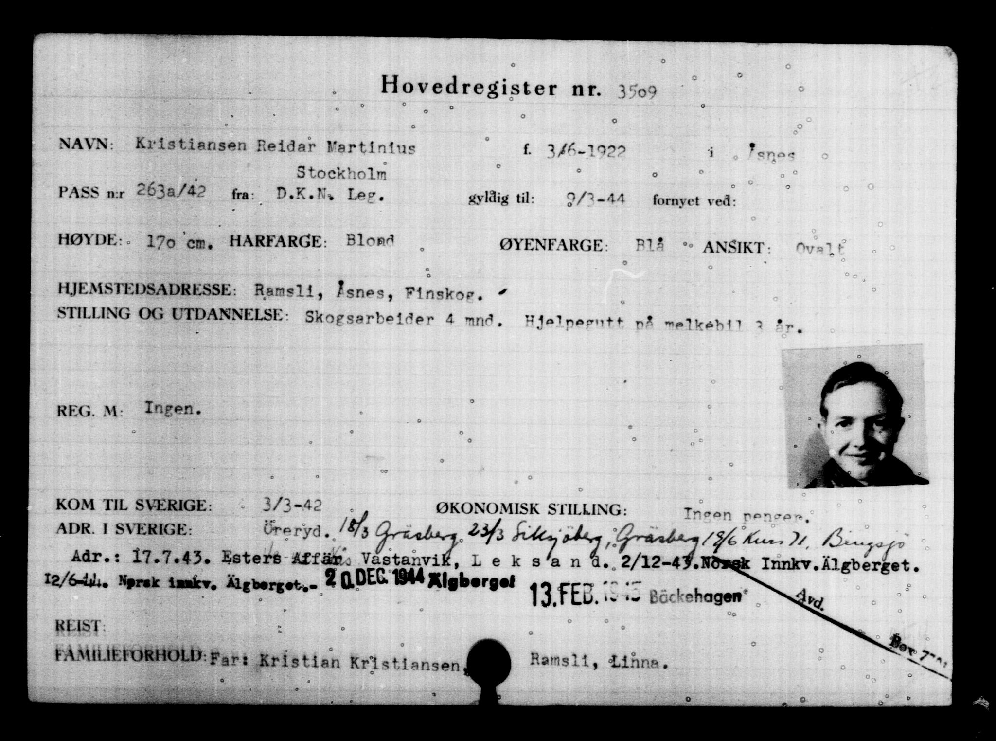 Den Kgl. Norske Legasjons Flyktningskontor, AV/RA-S-6753/V/Va/L0004: Kjesäterkartoteket.  Flyktningenr. 3496-6610, 1940-1945, p. 16