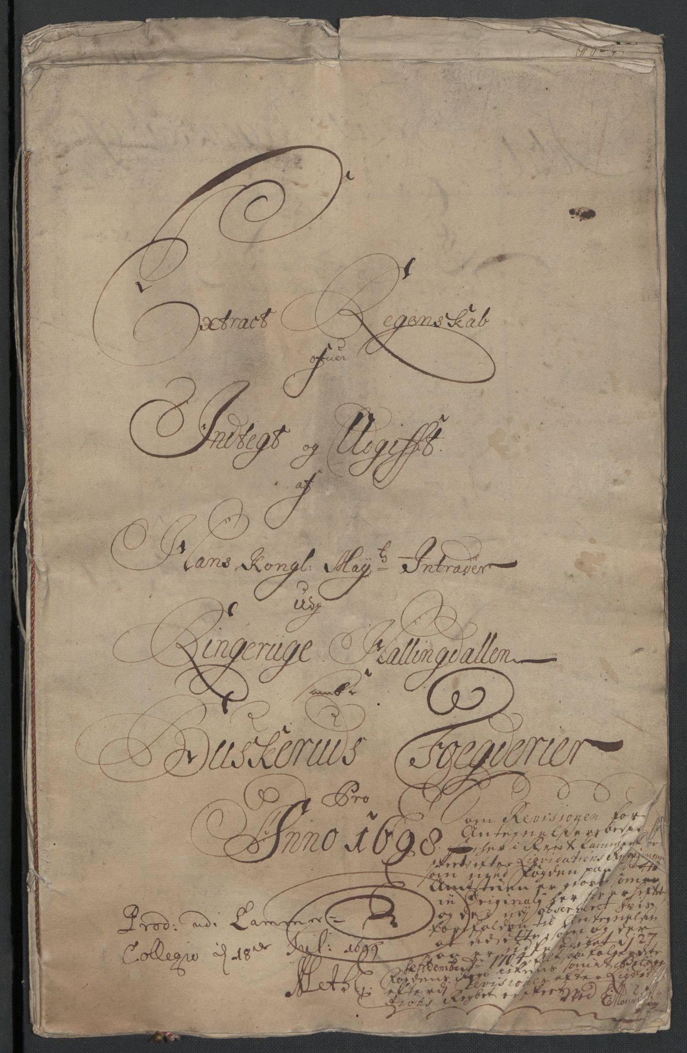 Rentekammeret inntil 1814, Reviderte regnskaper, Fogderegnskap, RA/EA-4092/R22/L1455: Fogderegnskap Ringerike, Hallingdal og Buskerud, 1698, p. 3