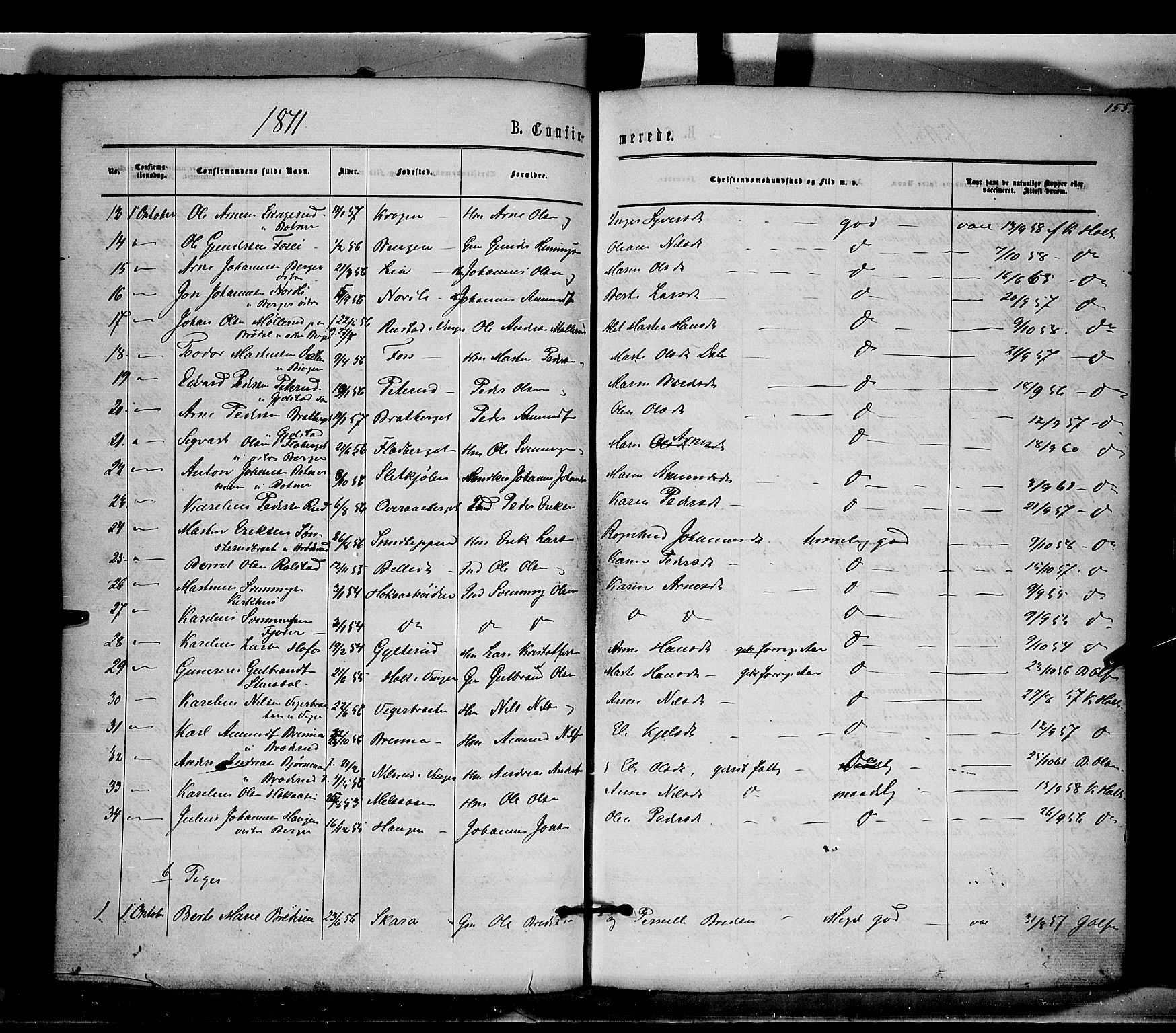 Brandval prestekontor, SAH/PREST-034/H/Ha/Haa/L0001: Parish register (official) no. 1, 1864-1879, p. 155