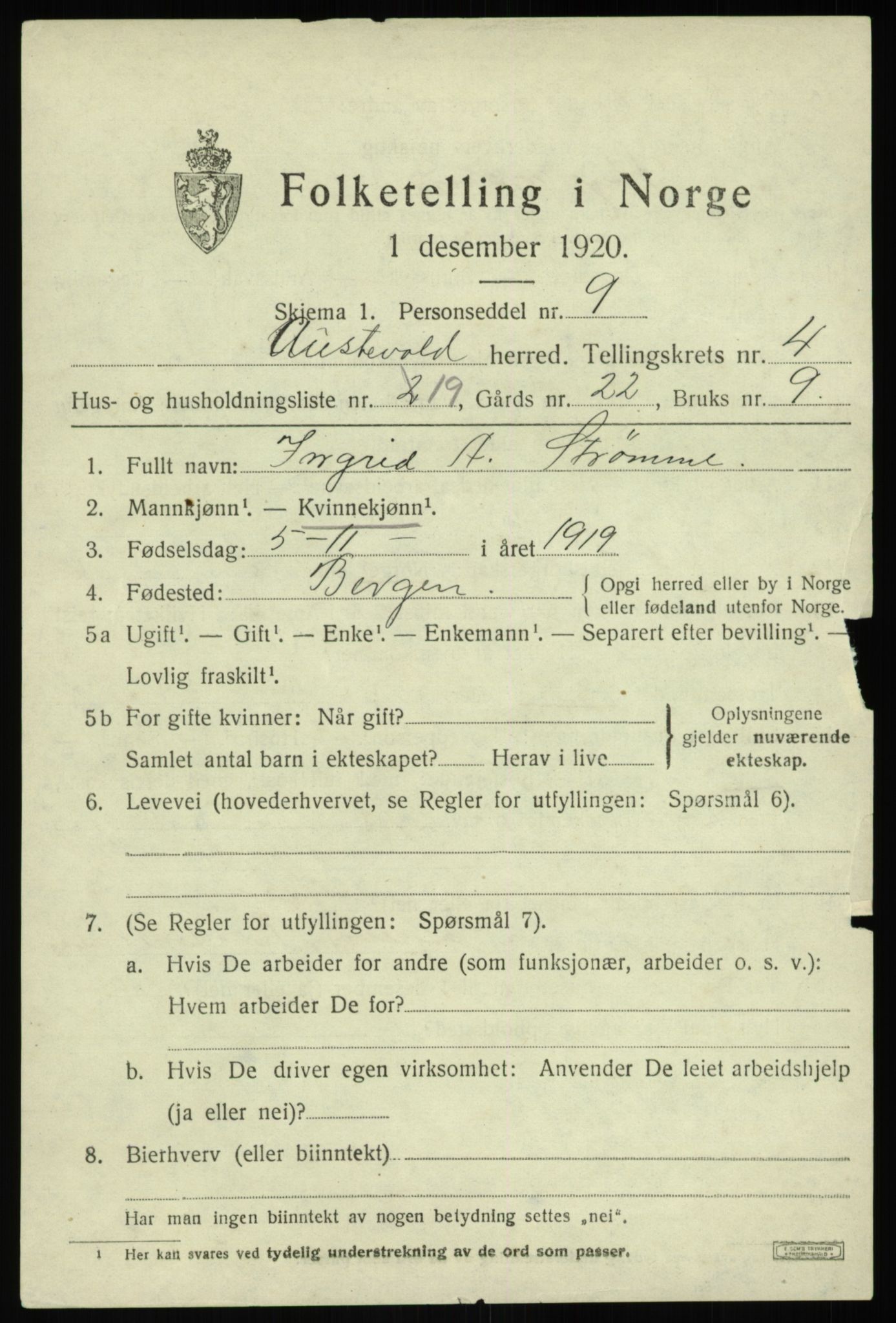 SAB, 1920 census for Austevoll, 1920, p. 2954