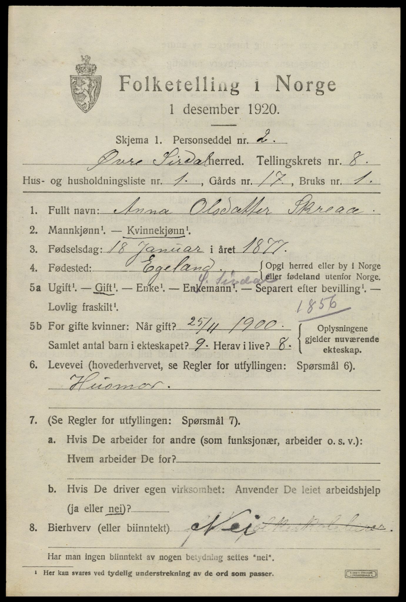 SAK, 1920 census for Øvre Sirdal, 1920, p. 1327