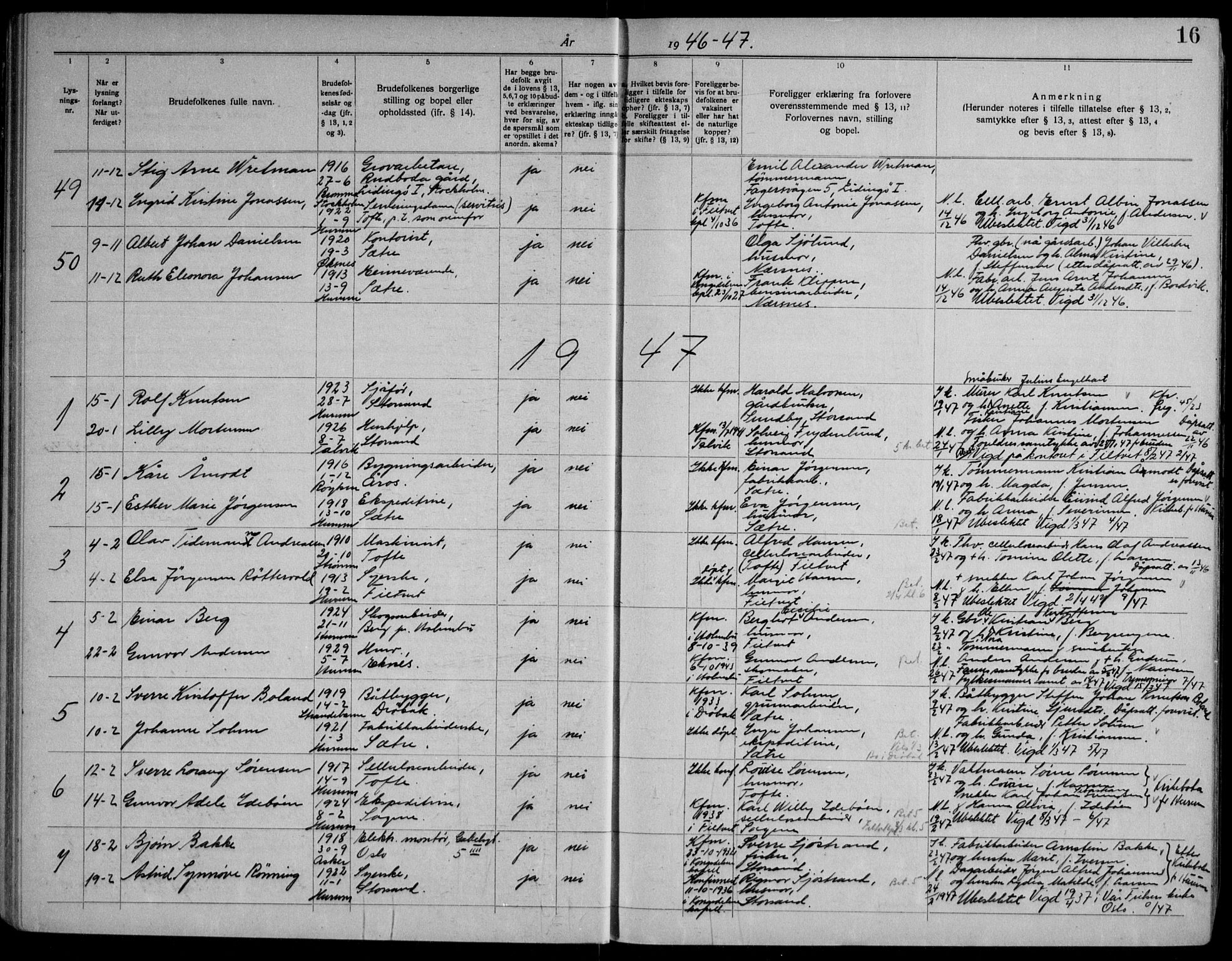 Hurum kirkebøker, AV/SAKO-A-229/H/Ha/L0002: Banns register no. 2, 1942-1969, p. 16