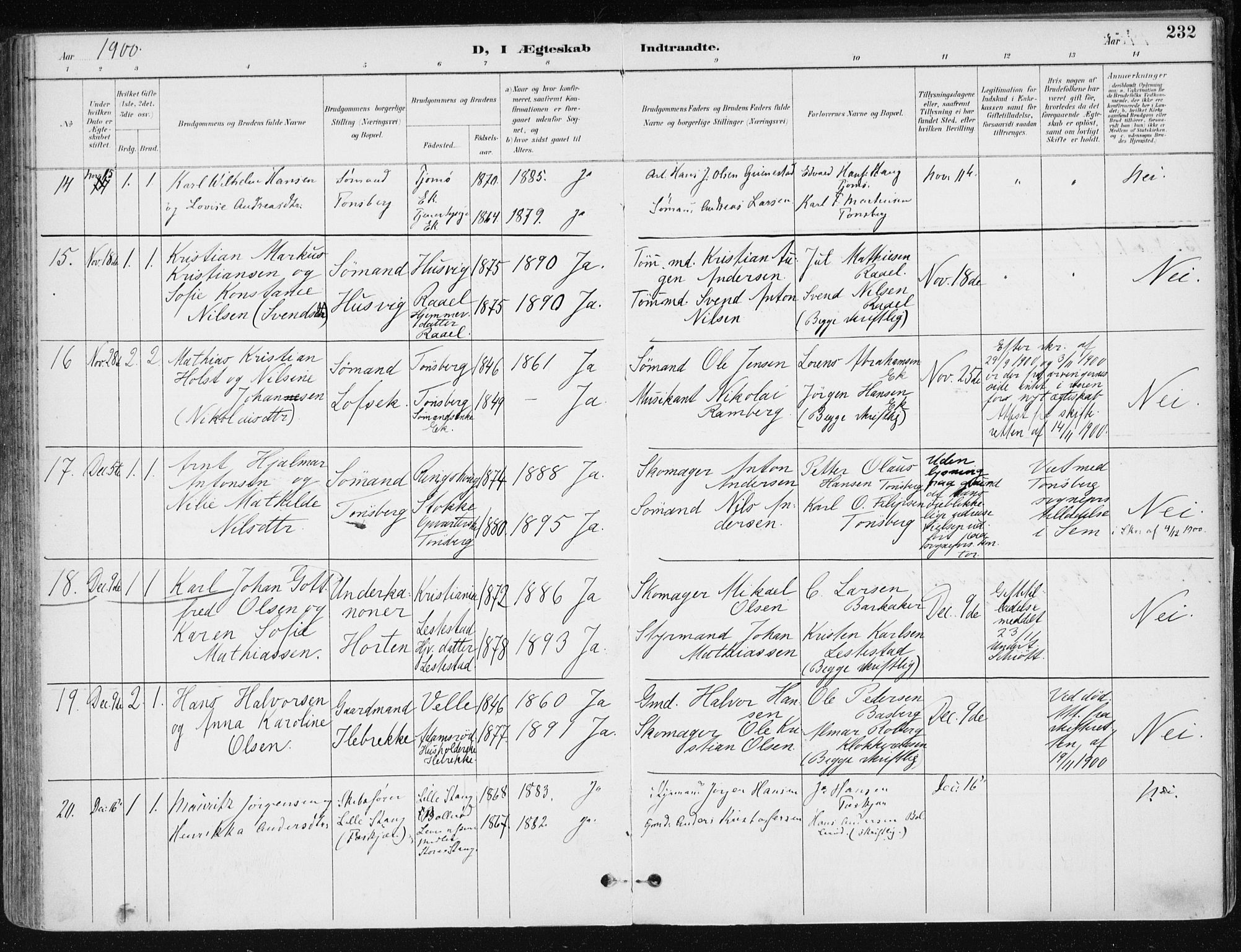 Sem kirkebøker, AV/SAKO-A-5/F/Fb/L0005: Parish register (official) no. II 5, 1892-1904, p. 232