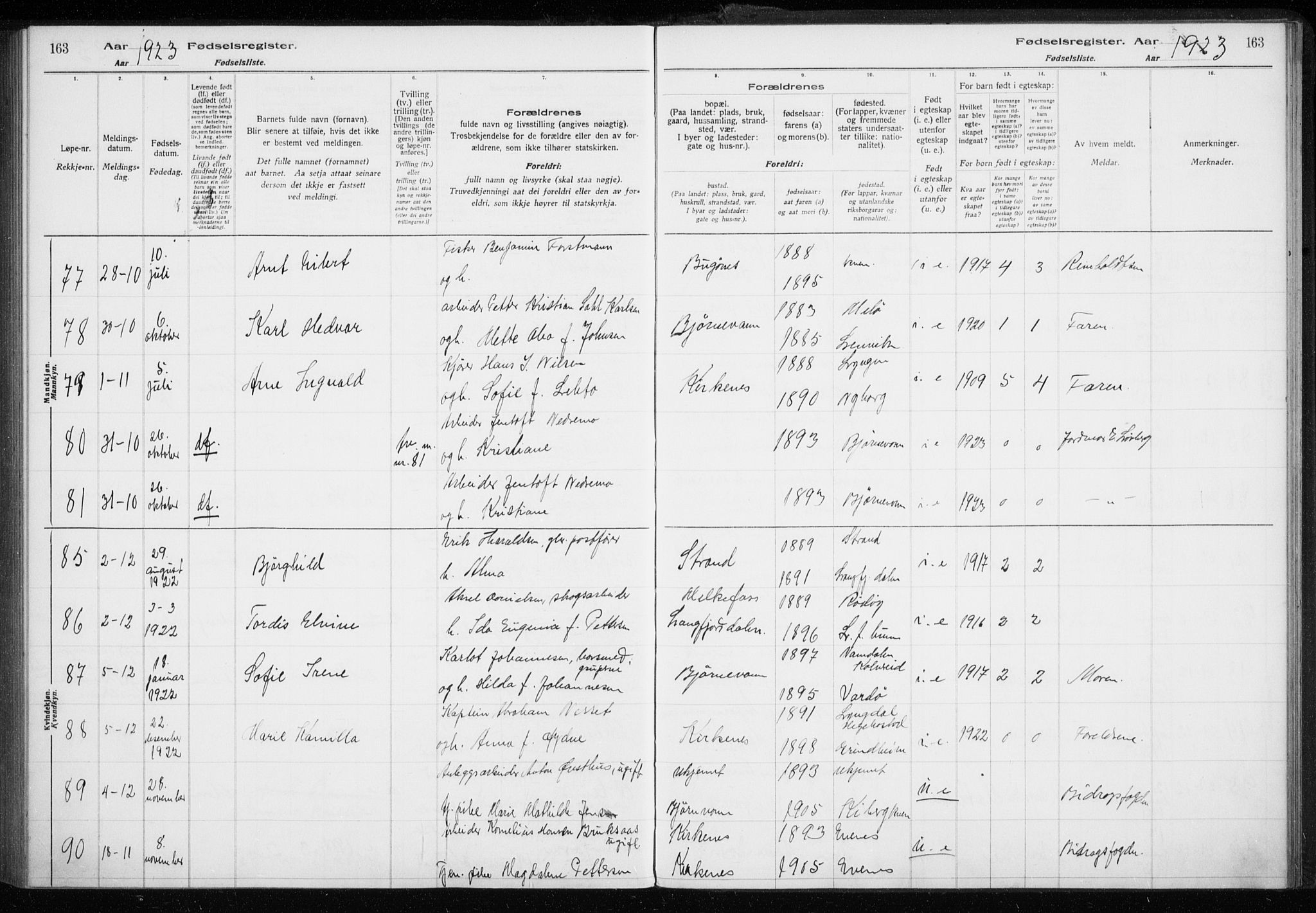 Sør-Varanger sokneprestkontor, AV/SATØ-S-1331/I/Ia/L0016: Birth register no. 16, 1915-1925, p. 163