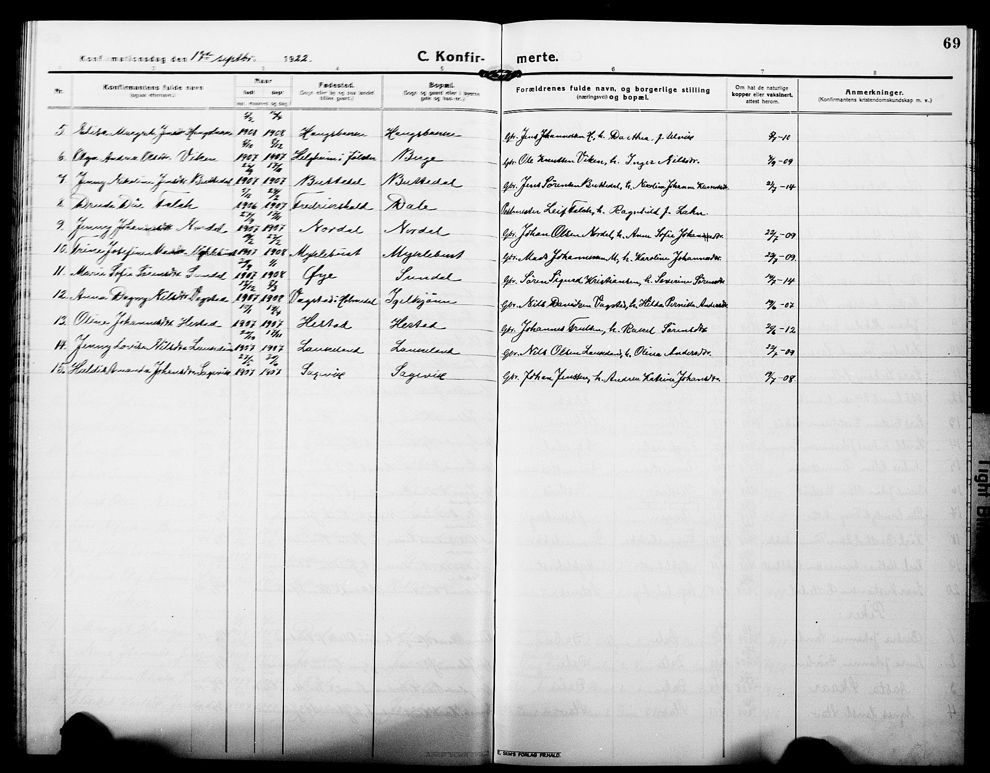Fjaler sokneprestembete, AV/SAB-A-79801/H/Hab/Habc/L0004: Parish register (copy) no. C 4, 1914-1927, p. 69