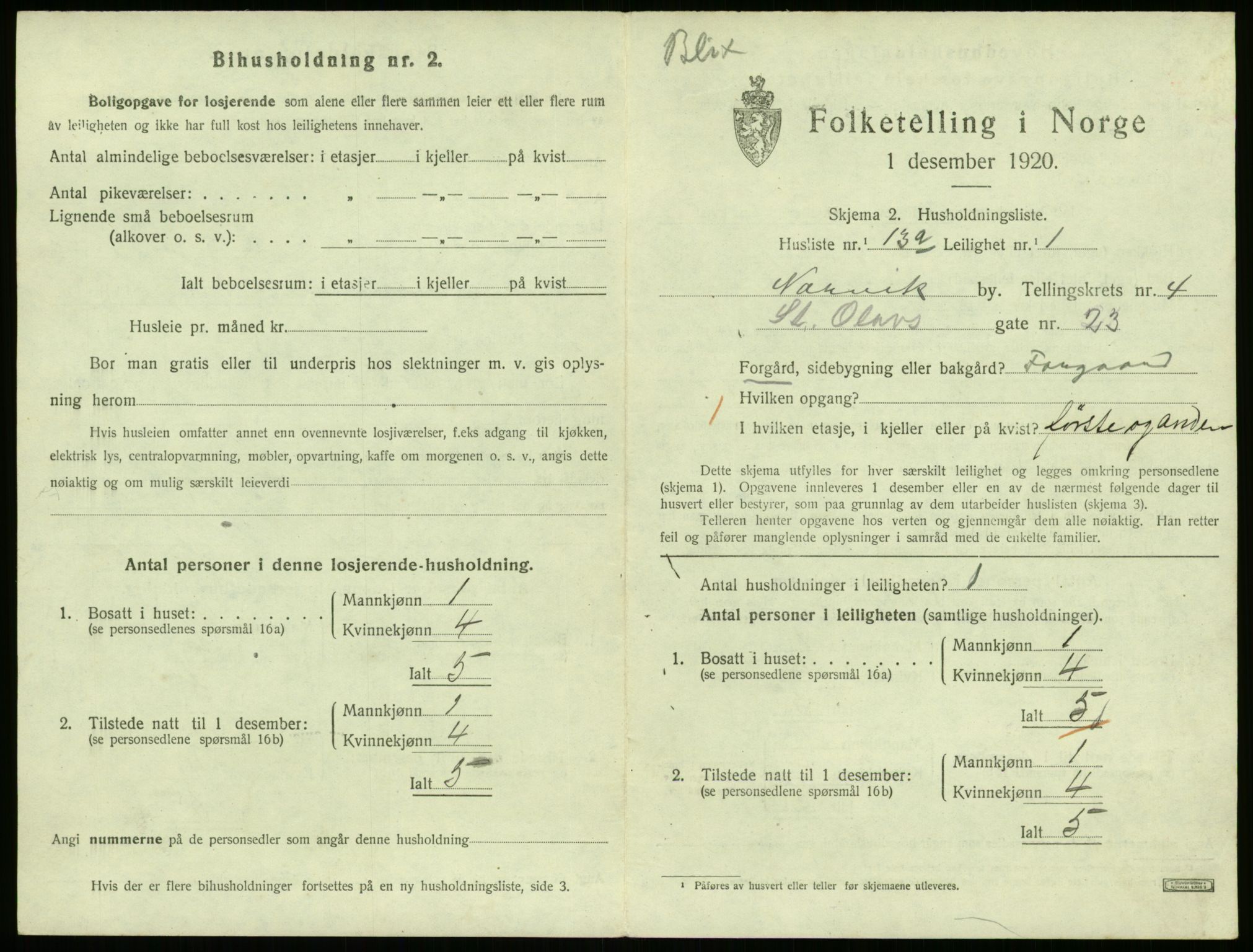 SAT, 1920 census for Narvik, 1920, p. 3984