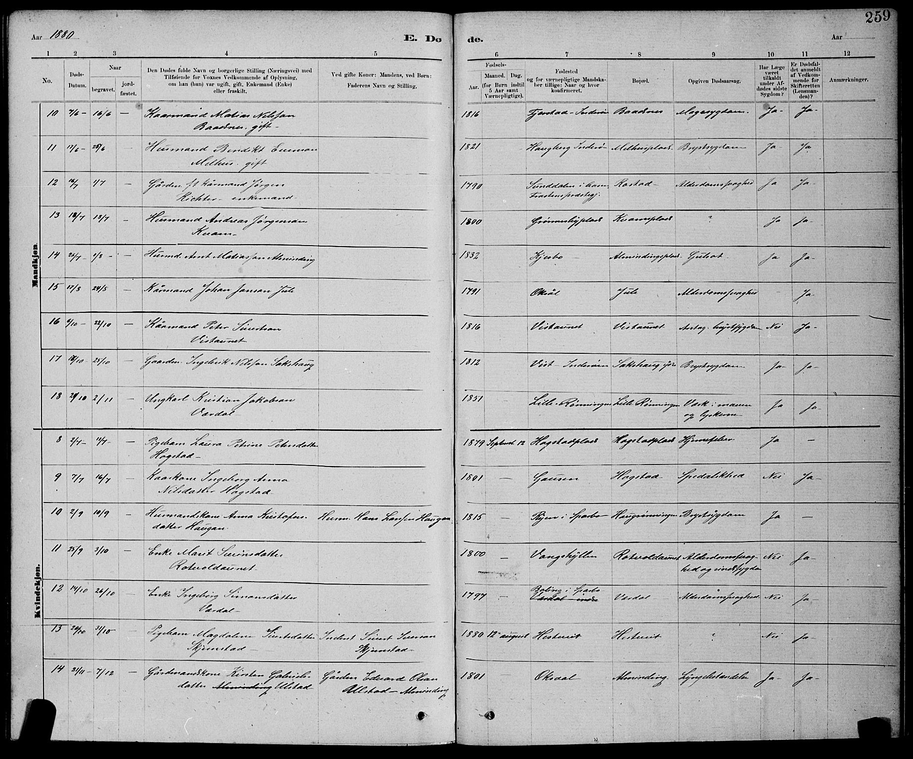 Ministerialprotokoller, klokkerbøker og fødselsregistre - Nord-Trøndelag, SAT/A-1458/730/L0301: Parish register (copy) no. 730C04, 1880-1897, p. 259