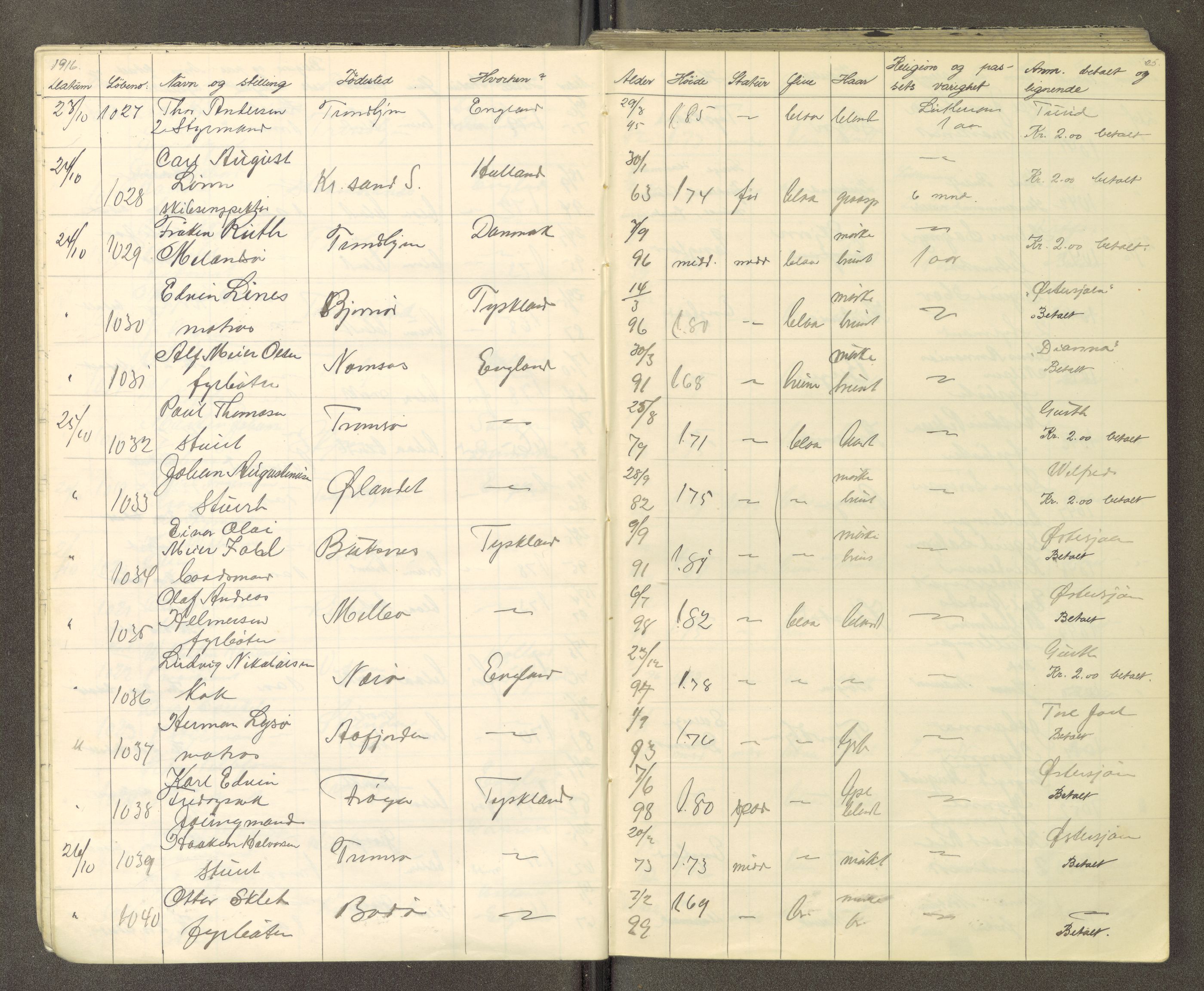 Trondheim politikammer, AV/SAT-A-1887/1/30/L0015: Passprotokoll. Utstedte pass, 1916-1918, p. 25