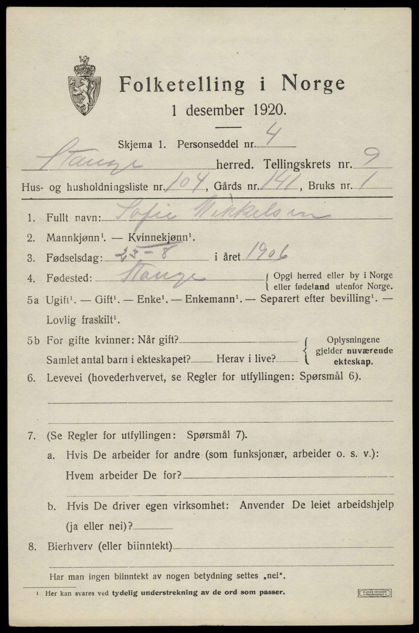 SAH, 1920 census for Stange, 1920, p. 15833