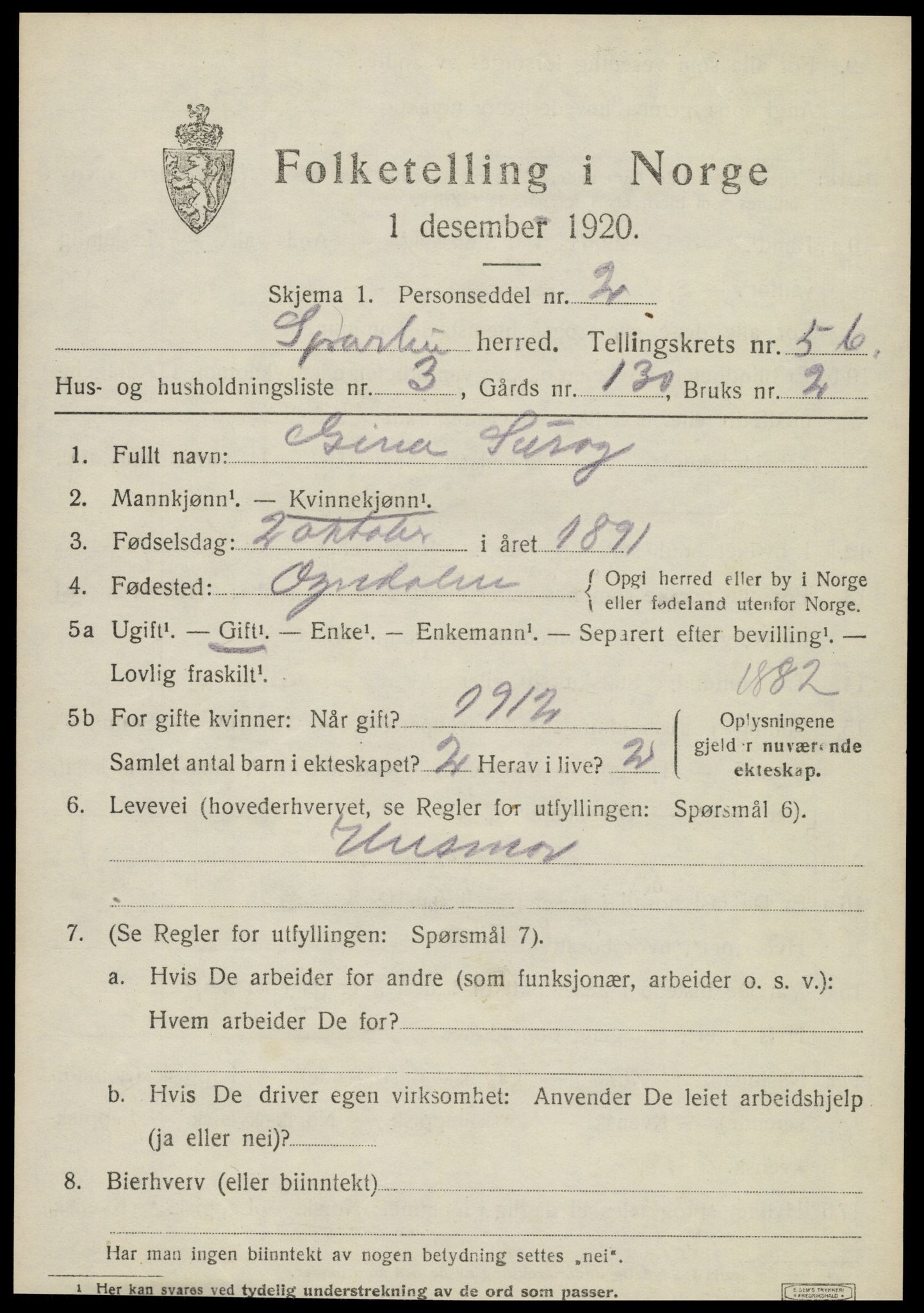 SAT, 1920 census for Sparbu, 1920, p. 6851