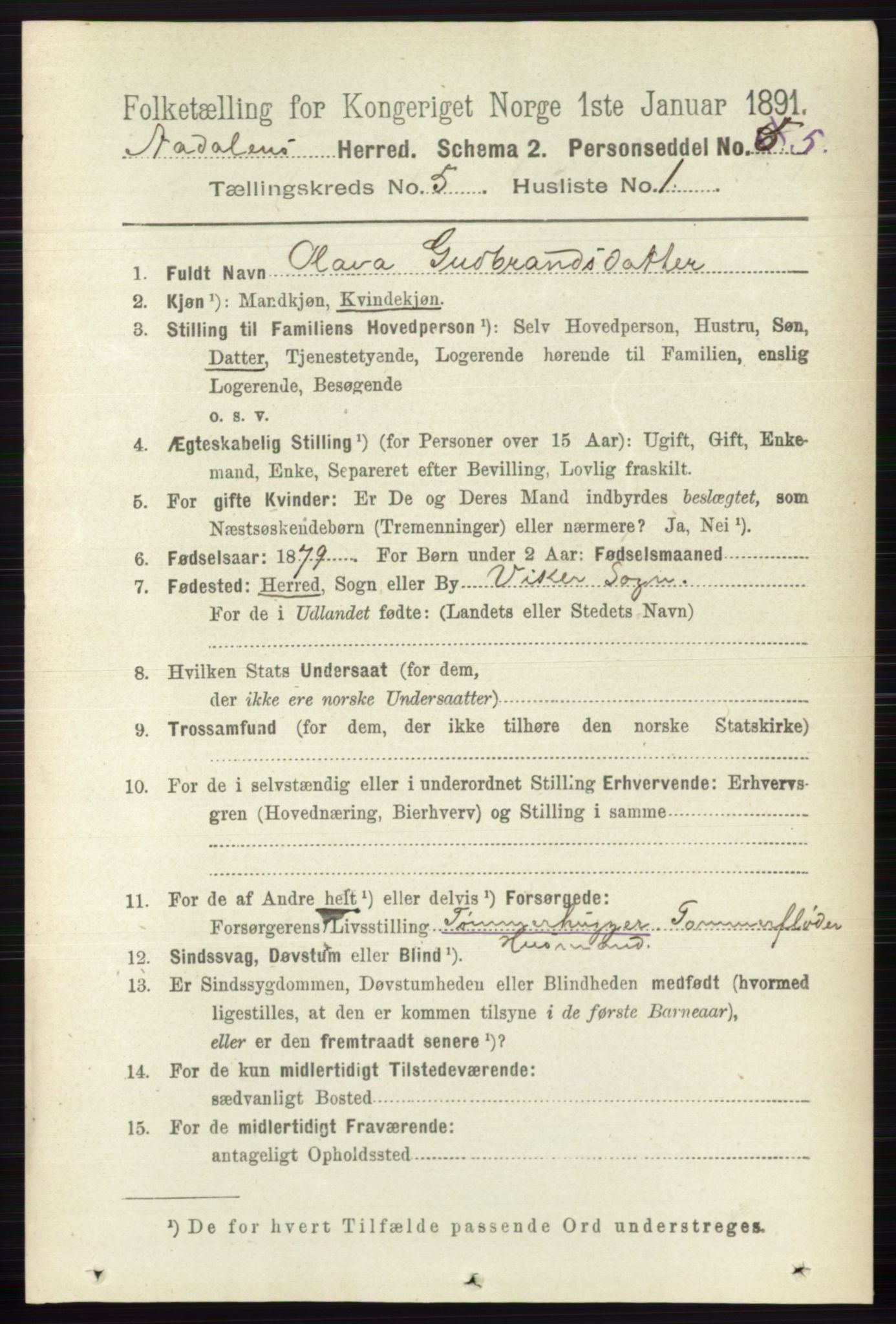 RA, 1891 census for 0614 Ådal, 1891, p. 2017