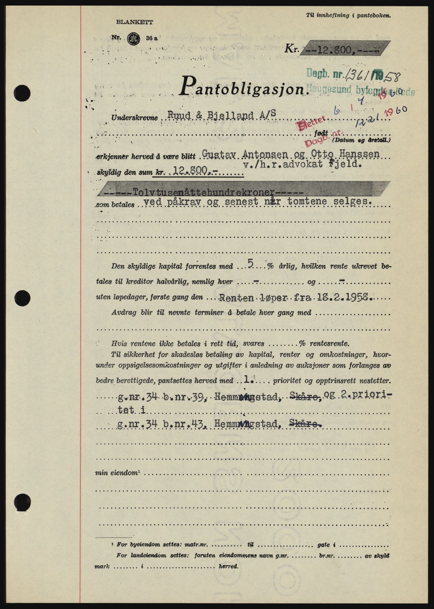 Haugesund tingrett, SAST/A-101415/01/II/IIC/L0044: Mortgage book no. B 44, 1958-1959, Diary no: : 1361/1958