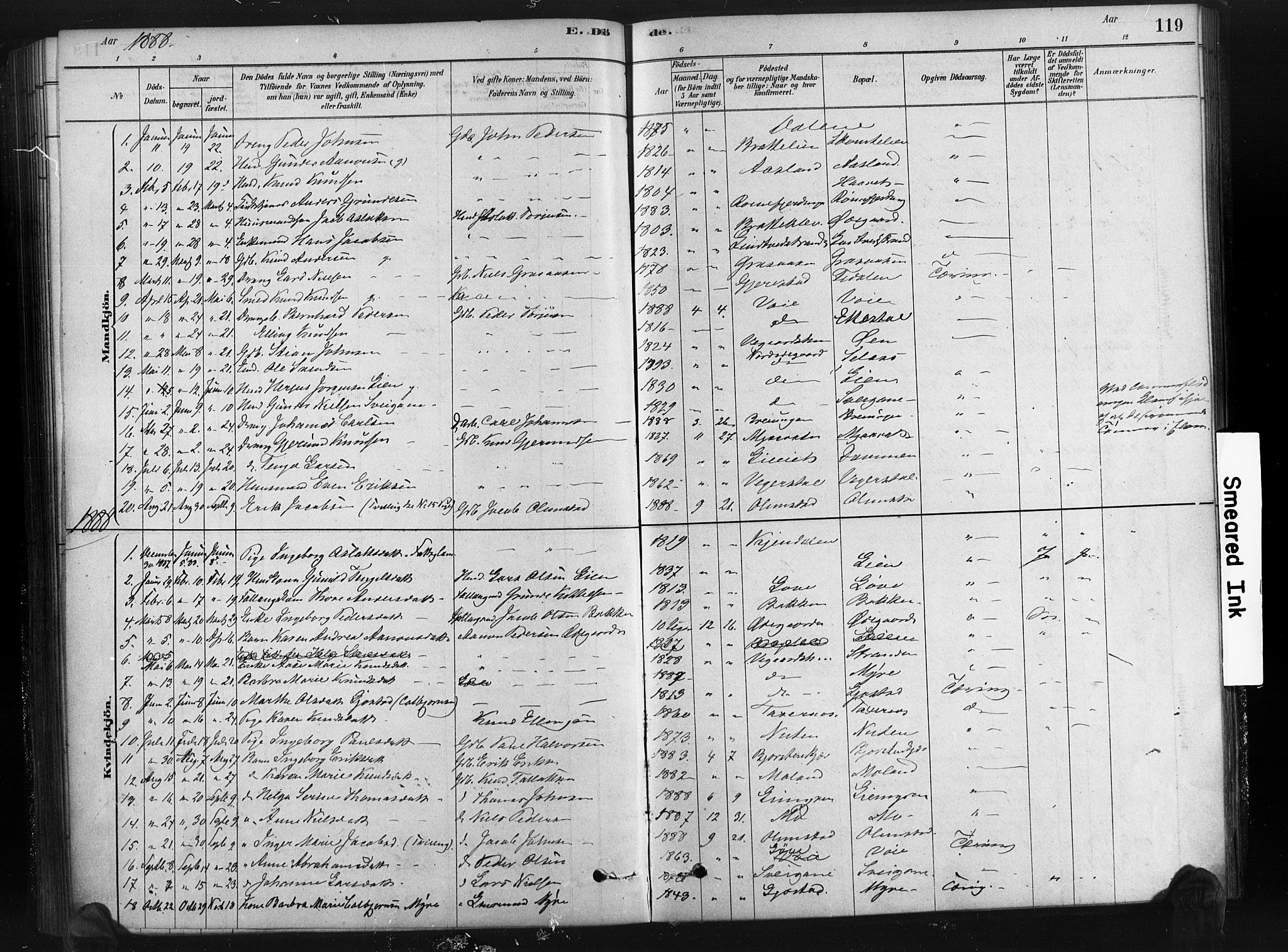Gjerstad sokneprestkontor, SAK/1111-0014/F/Fa/Fab/L0004: Parish register (official) no. A 4, 1879-1890, p. 119