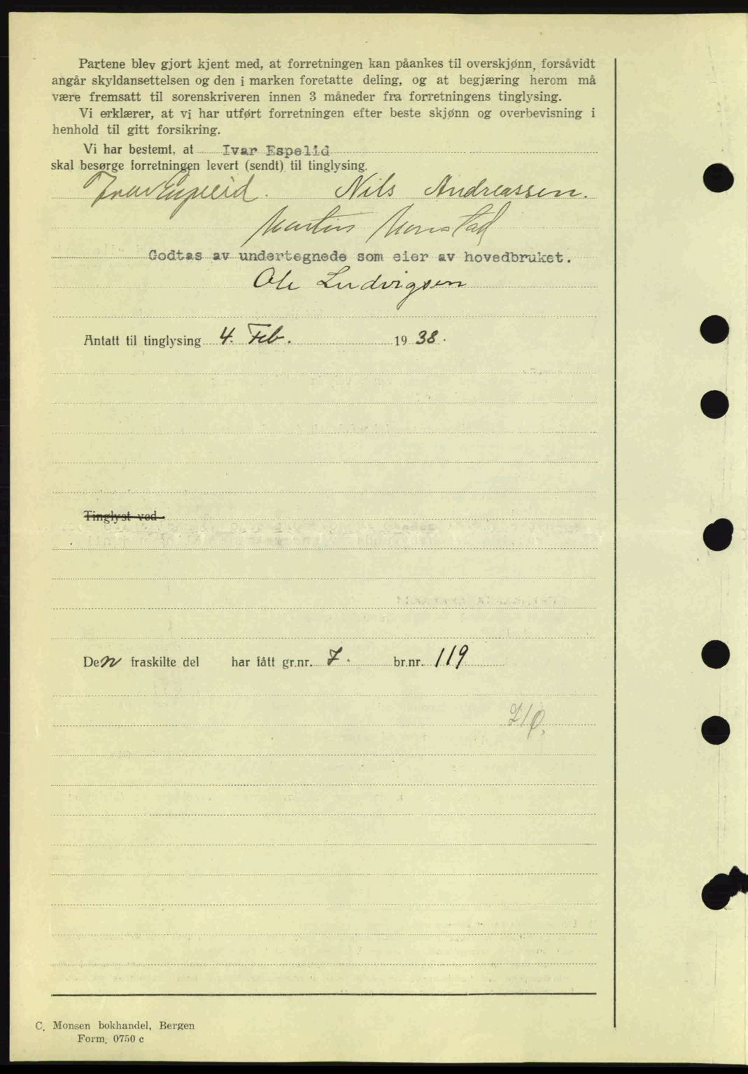 Midhordland sorenskriveri, SAB/A-3001/1/G/Gb/Gbh/L0005: Mortgage book no. A9-10, 1938-1938, Diary no: : 501/1938