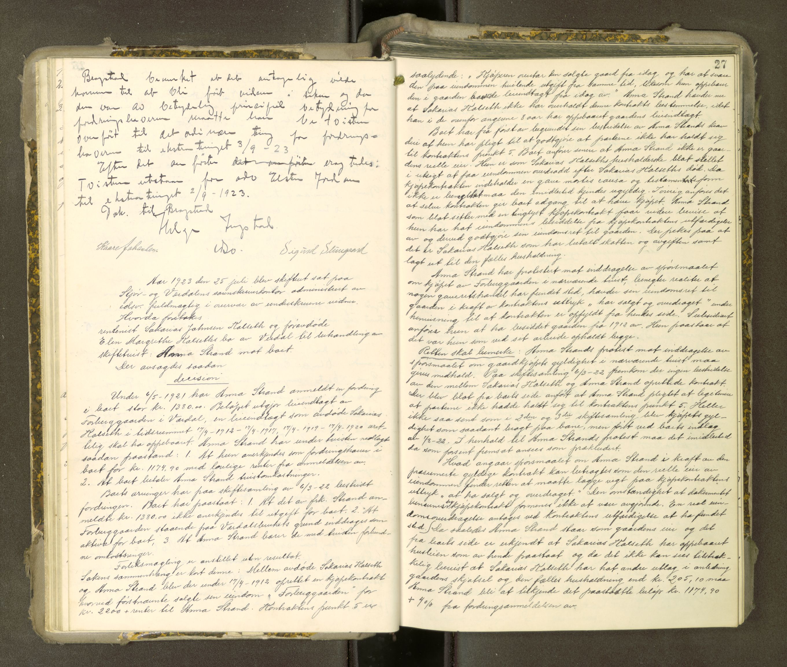 Stjør- og Verdal sorenskriveri, AV/SAT-A-4167/1/3/3B/L0014: Skifteforhandlingsprotokoll, 1922-1926, p. 27