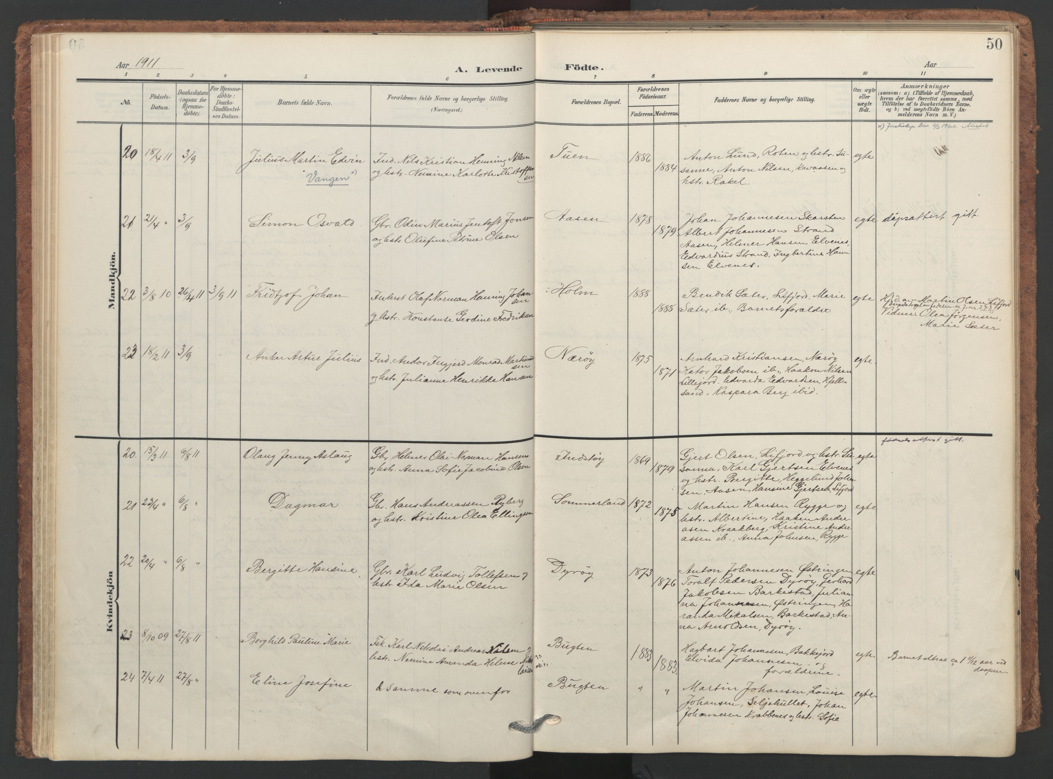Ministerialprotokoller, klokkerbøker og fødselsregistre - Nordland, SAT/A-1459/893/L1339: Parish register (official) no. 893A11, 1904-1914, p. 50